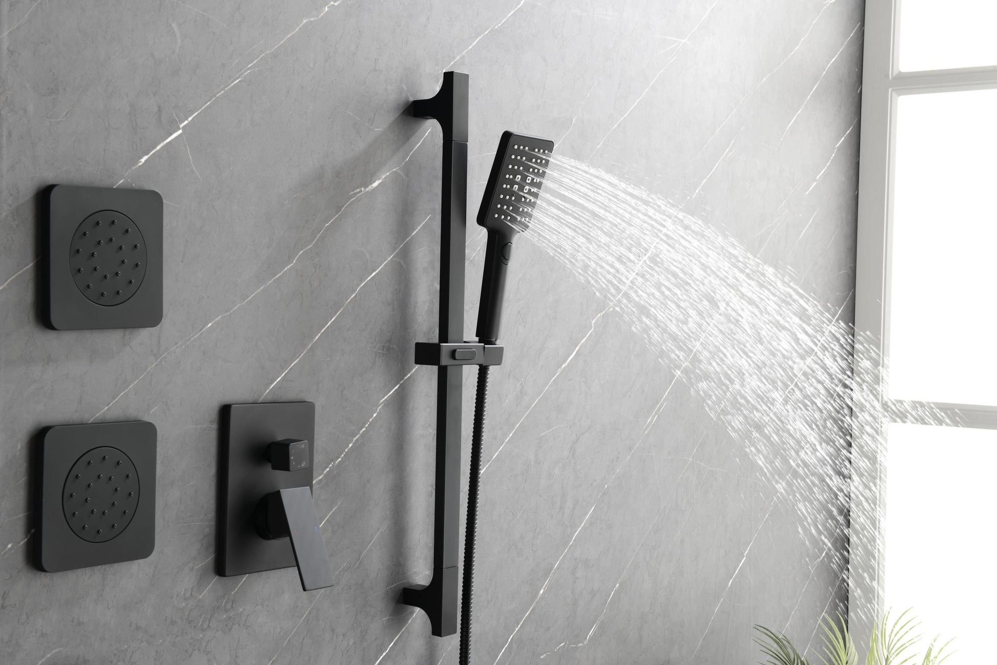 Shower System With Shower Head, Hand Shower, Slide Bar, Bodysprays, Shower Arm, Hose, Valve Trim, And Lever Handles Matte Black Brass