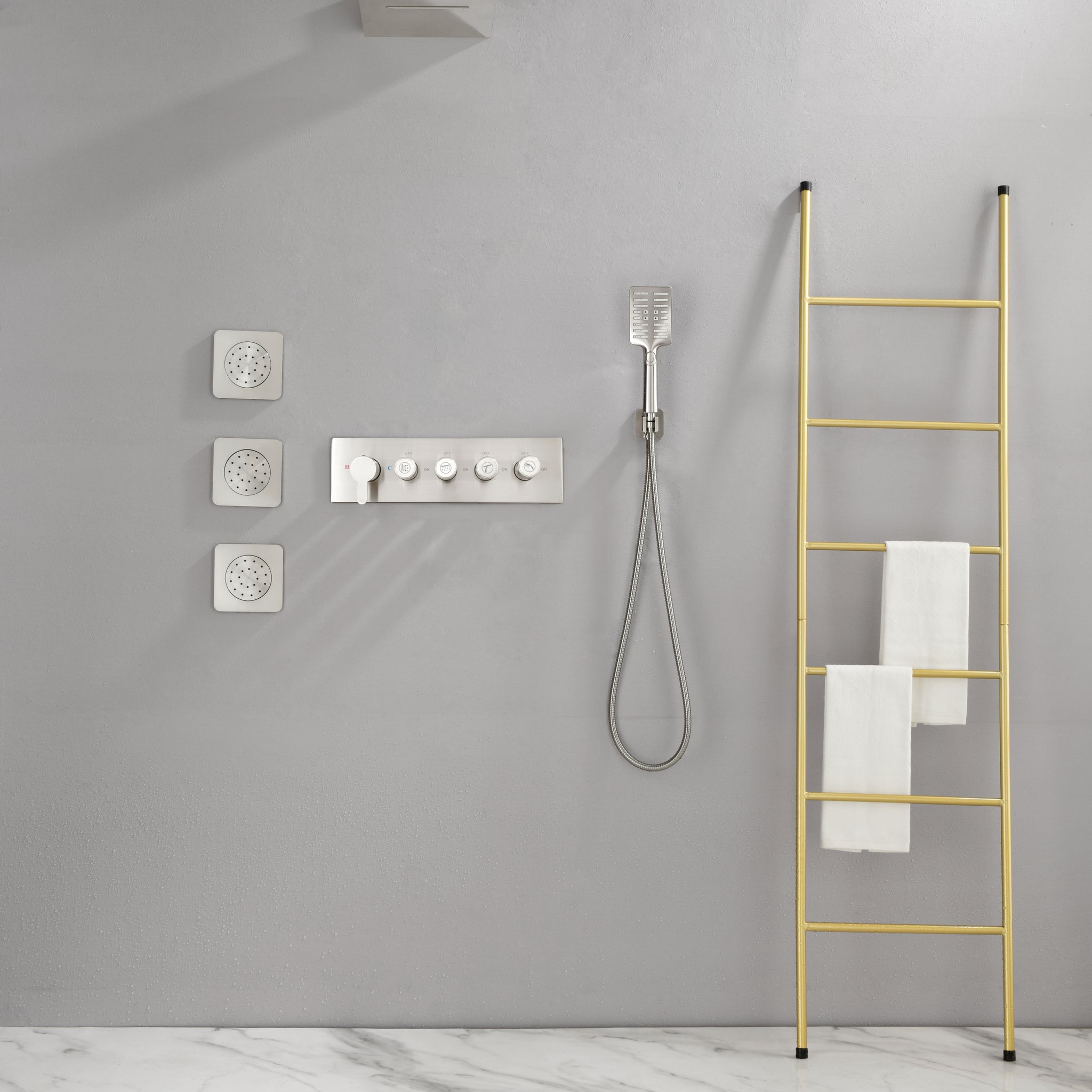 Wall Mounted Waterfall Rain Shower System With 3 Body Sprays & Handheld Shower Brushed Nickel Brass