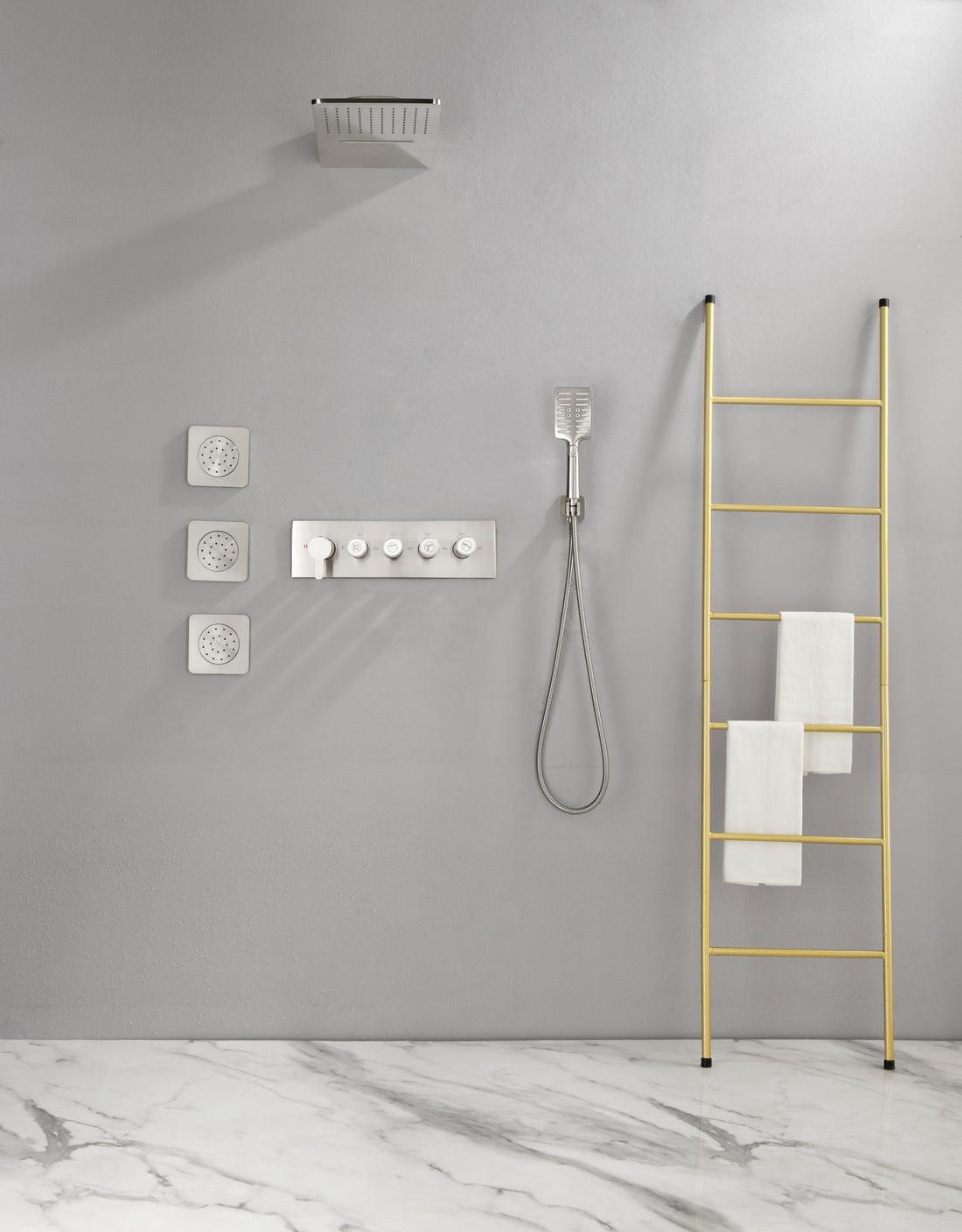 Wall Mounted Waterfall Rain Shower System With 3 Body Sprays & Handheld Shower Brushed Nickel Brass