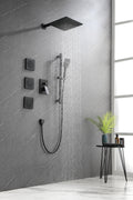 Shower System With Shower Head, Hand Shower, Slide Bar, Bodysprays, Shower Arm, Hose, Valve Trim, And Lever Handles Matte Black Brass