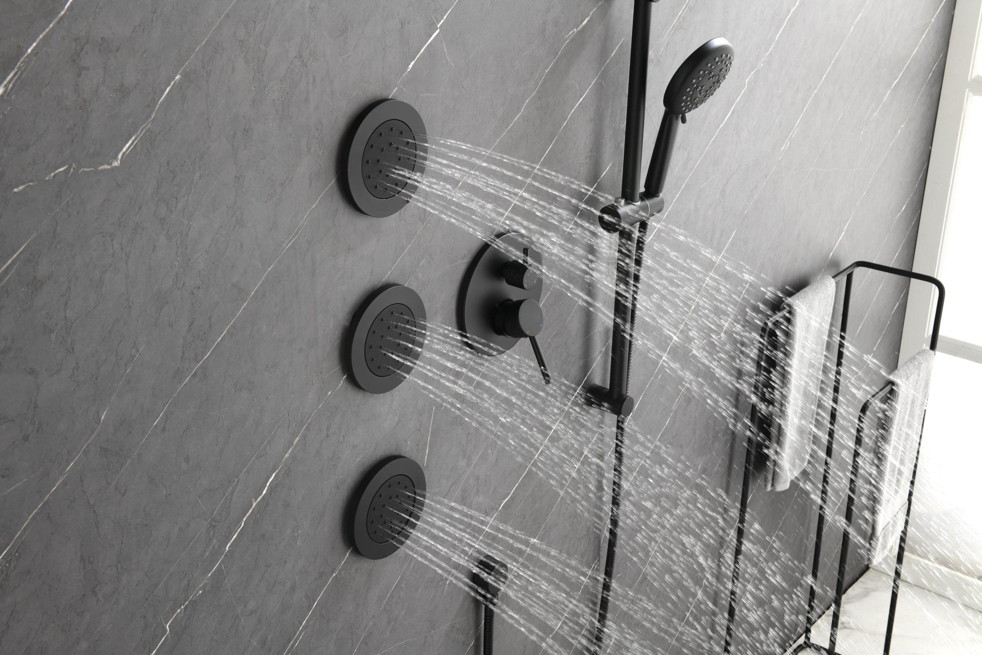 Shower System With Shower Head, Hand Shower, Slide Bar, Bodysprays, Shower Arm, Hose, Valve Trim, And Lever Handles Matte Black Brass