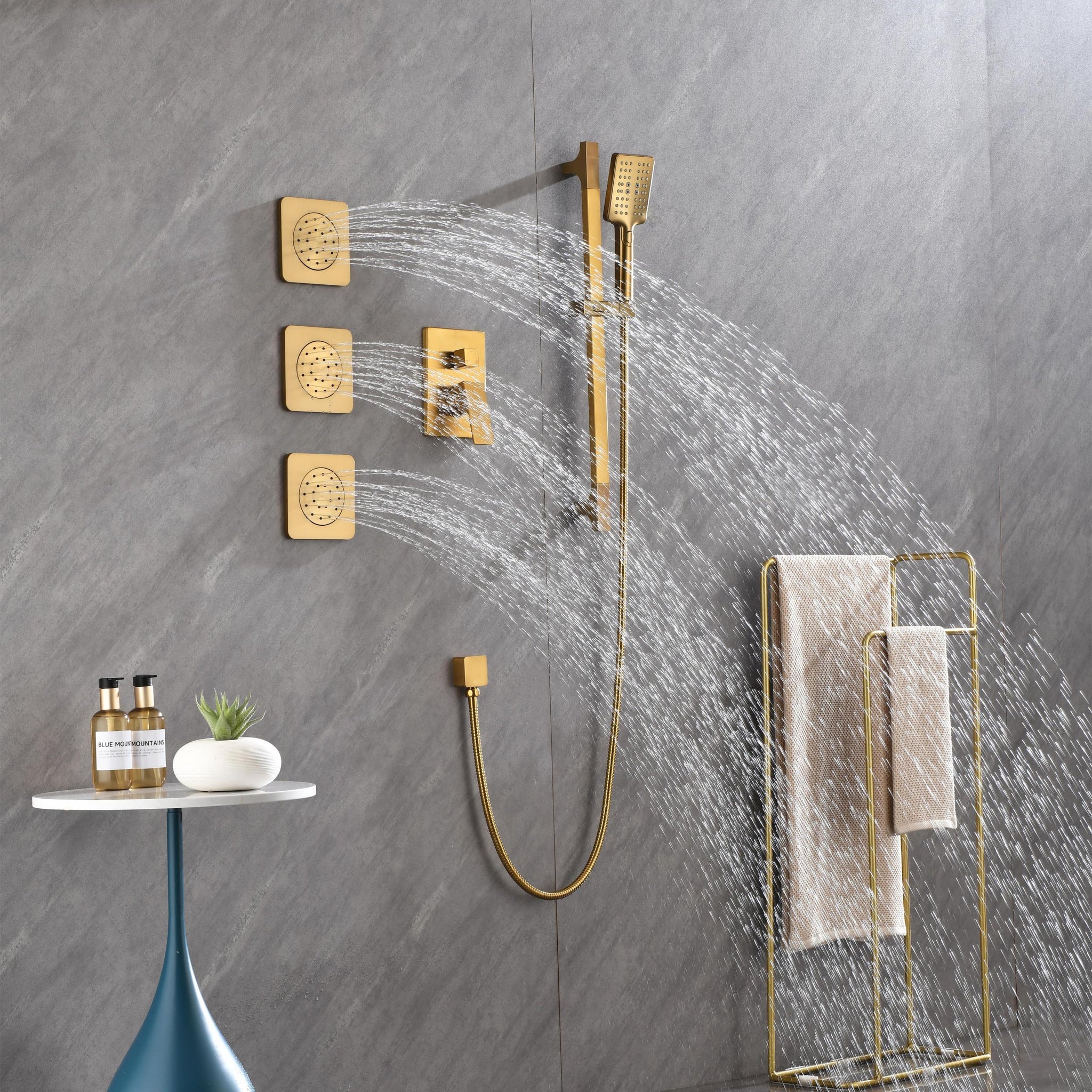 Shower System With Shower Head, Hand Shower, Slide Bar, Bodysprays, Shower Arm, Hose, Valve Trim, And Lever Handles Brushed Gold Brass