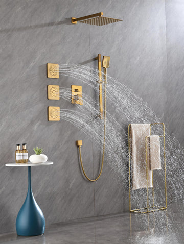 Shower System With Shower Head, Hand Shower, Slide Bar, Bodysprays, Shower Arm, Hose, Valve Trim, And Lever Handles Brushed Gold Brass