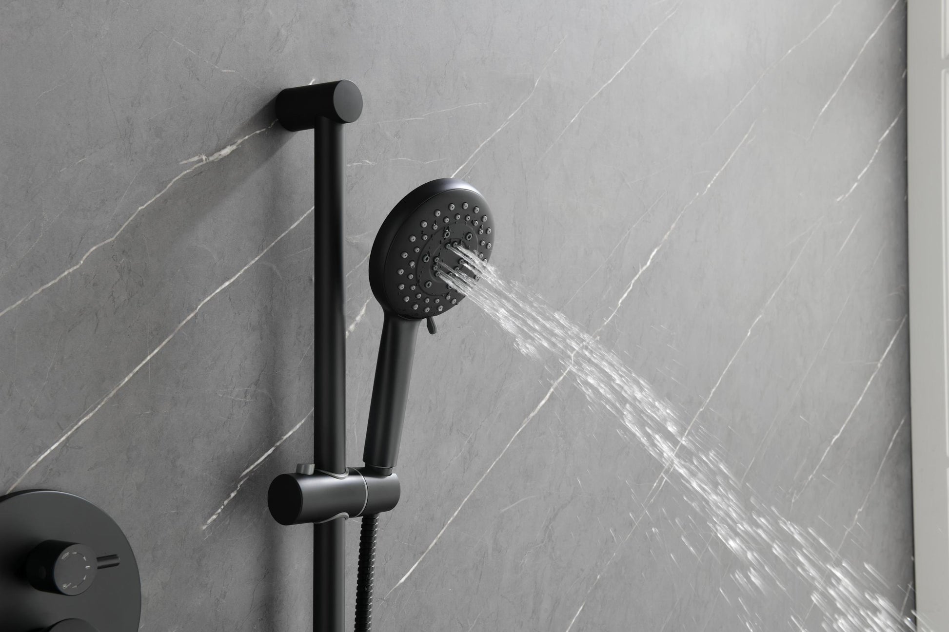 Shower System With Shower Head, Hand Shower, Slide Bar, Bodysprays, Shower Arm, Hose, Valve Trim, And Lever Handles Matte Black Brass