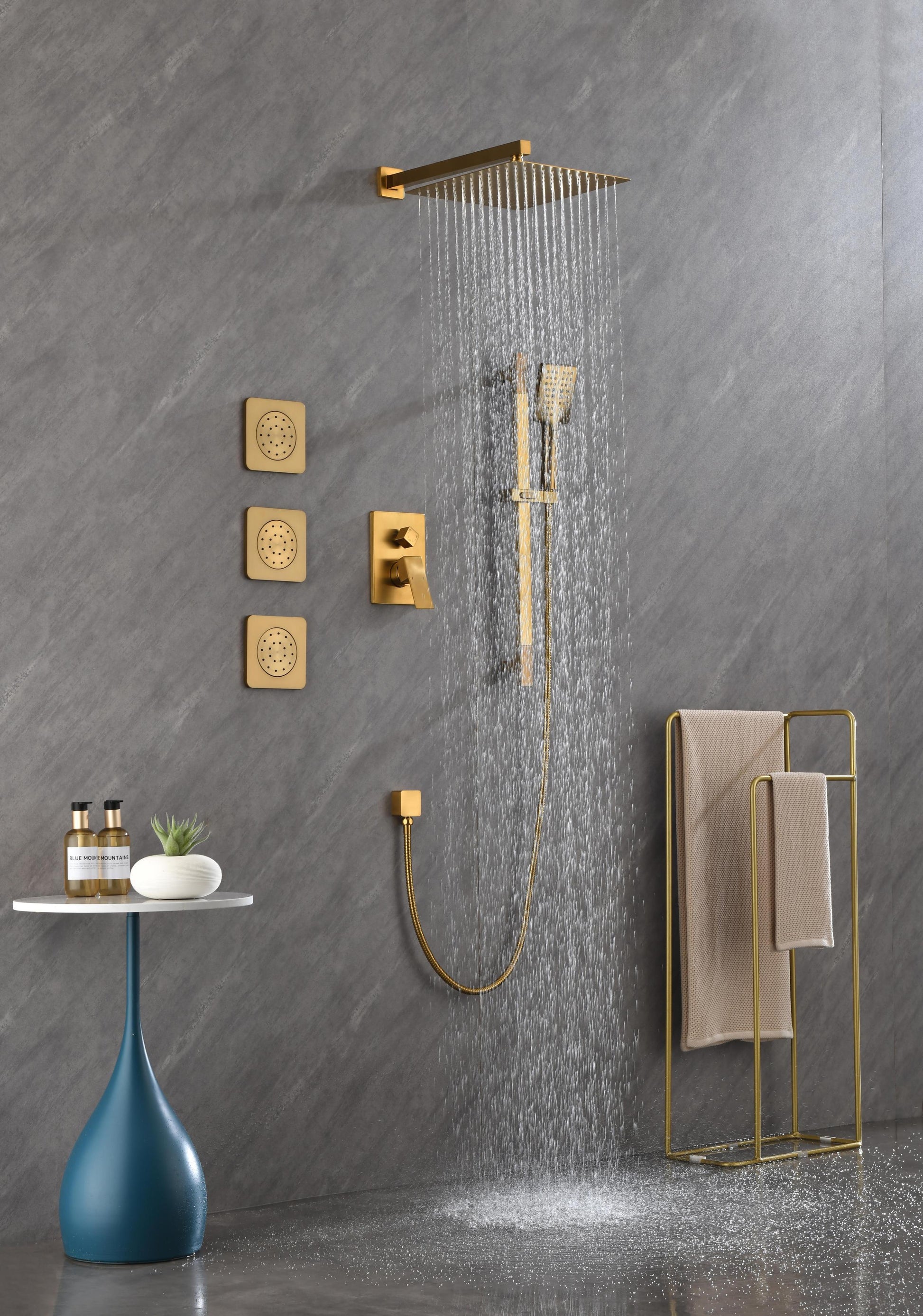 Shower System With Shower Head, Hand Shower, Slide Bar, Bodysprays, Shower Arm, Hose, Valve Trim, And Lever Handles Brushed Gold Brass