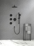 Shower System With Shower Head, Hand Shower, Slide Bar, Bodysprays, Shower Arm, Hose, Valve Trim, And Lever Handles Matte Black Brass