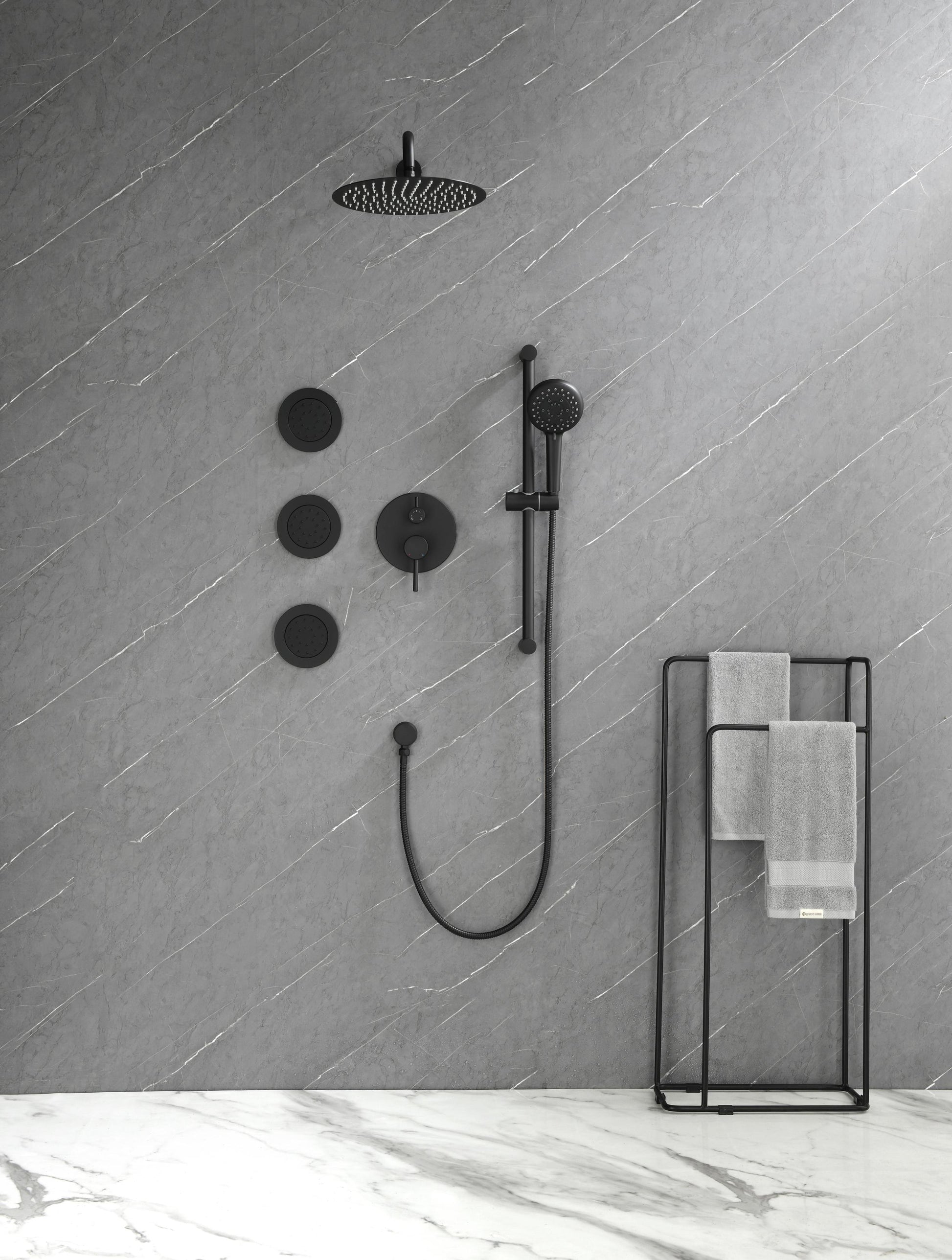 Shower System With Shower Head, Hand Shower, Slide Bar, Bodysprays, Shower Arm, Hose, Valve Trim, And Lever Handles Matte Black Brass