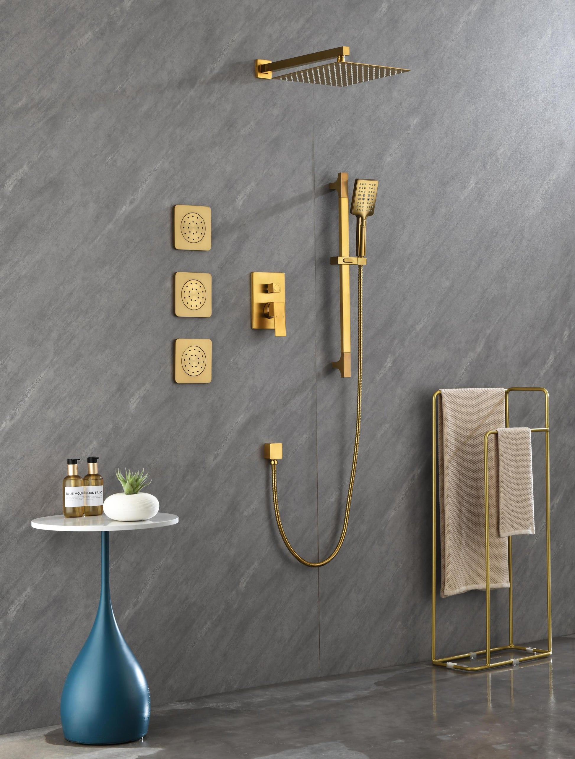 Shower System With Shower Head, Hand Shower, Slide Bar, Bodysprays, Shower Arm, Hose, Valve Trim, And Lever Handles Brushed Gold Brass