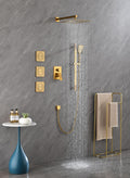 Shower System With Shower Head, Hand Shower, Slide Bar, Bodysprays, Shower Arm, Hose, Valve Trim, And Lever Handles Brushed Gold Brass