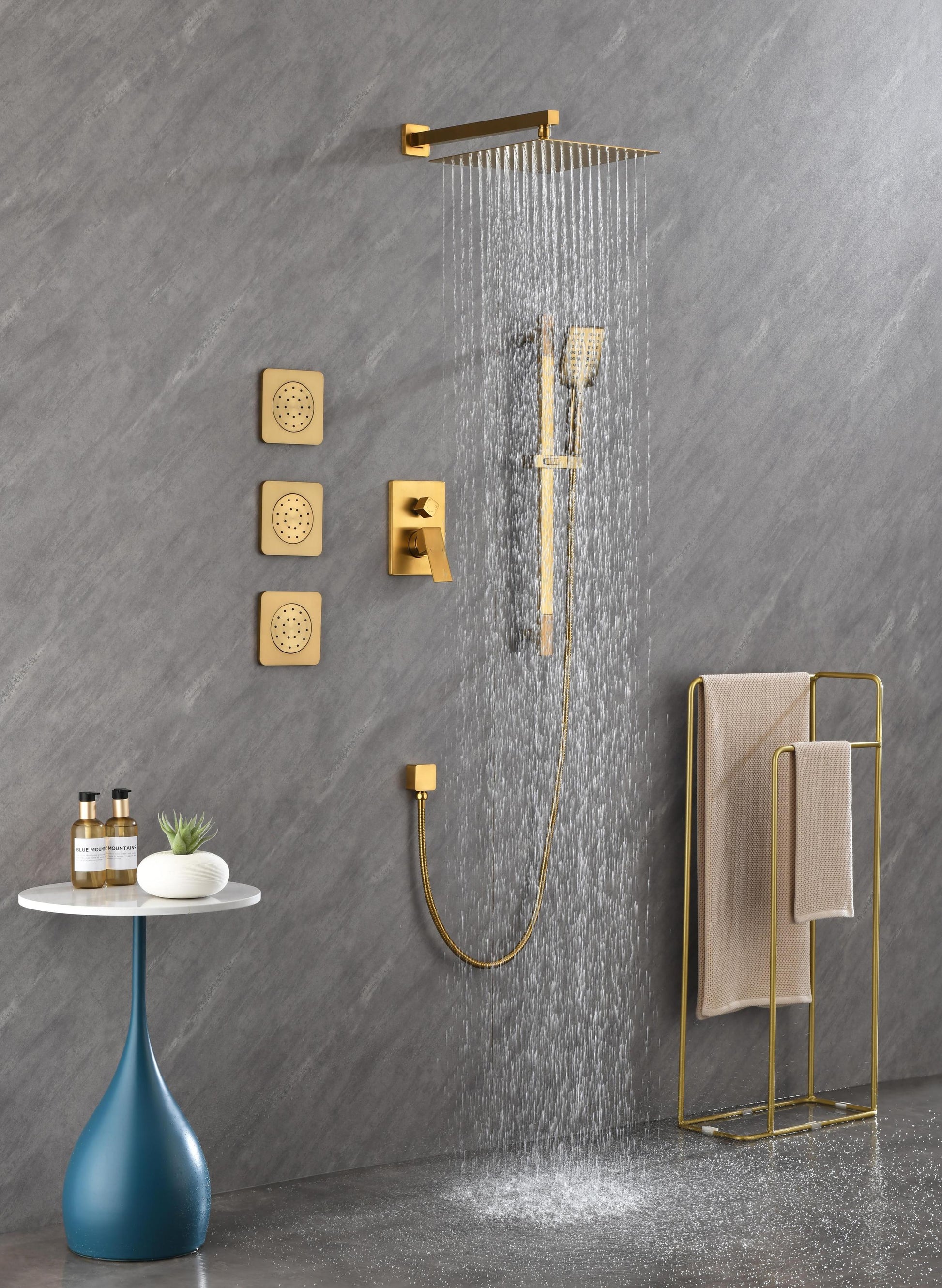 Shower System With Shower Head, Hand Shower, Slide Bar, Bodysprays, Shower Arm, Hose, Valve Trim, And Lever Handles Brushed Gold Brass