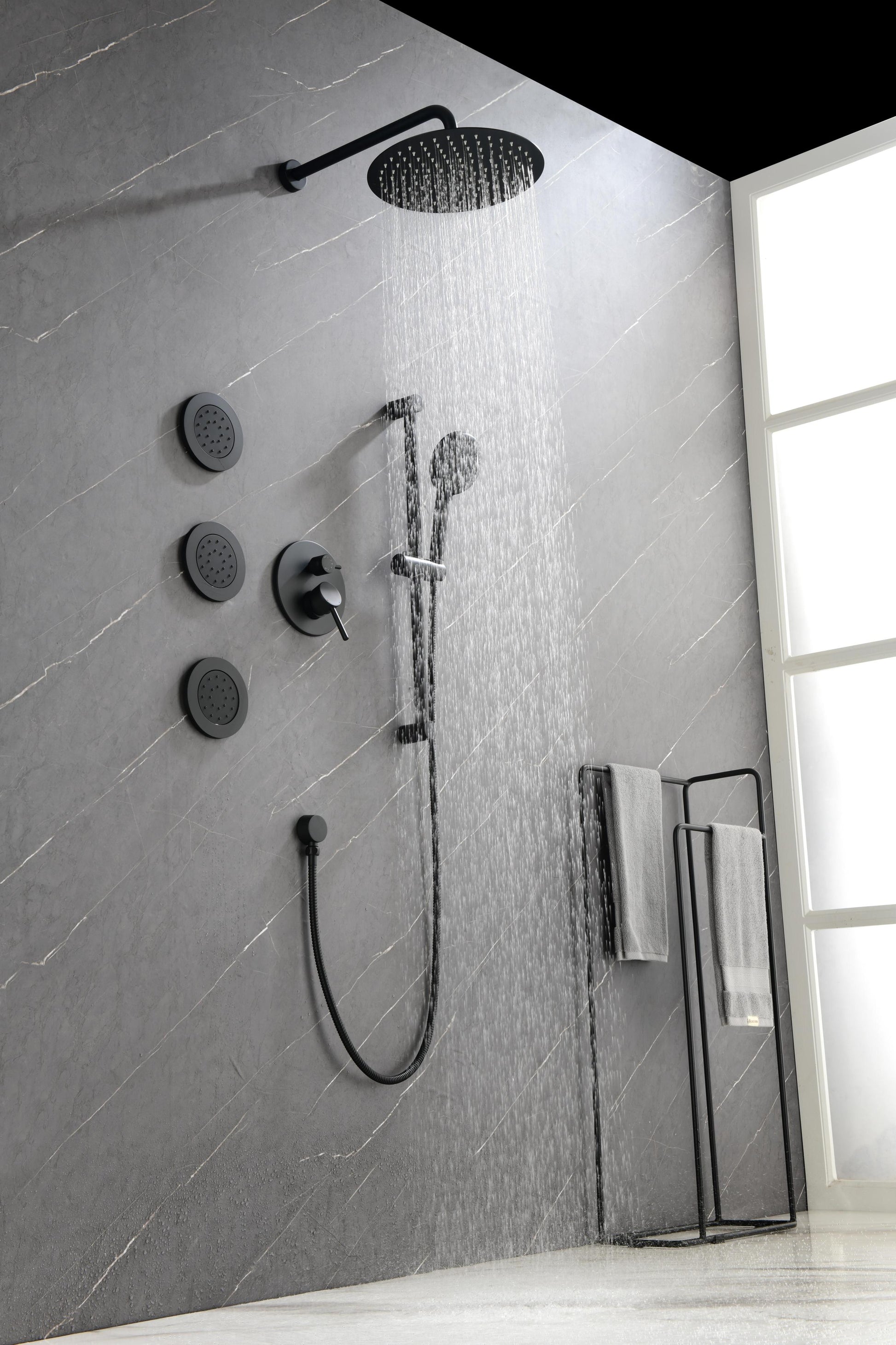 Shower System With Shower Head, Hand Shower, Slide Bar, Bodysprays, Shower Arm, Hose, Valve Trim, And Lever Handles Matte Black Brass