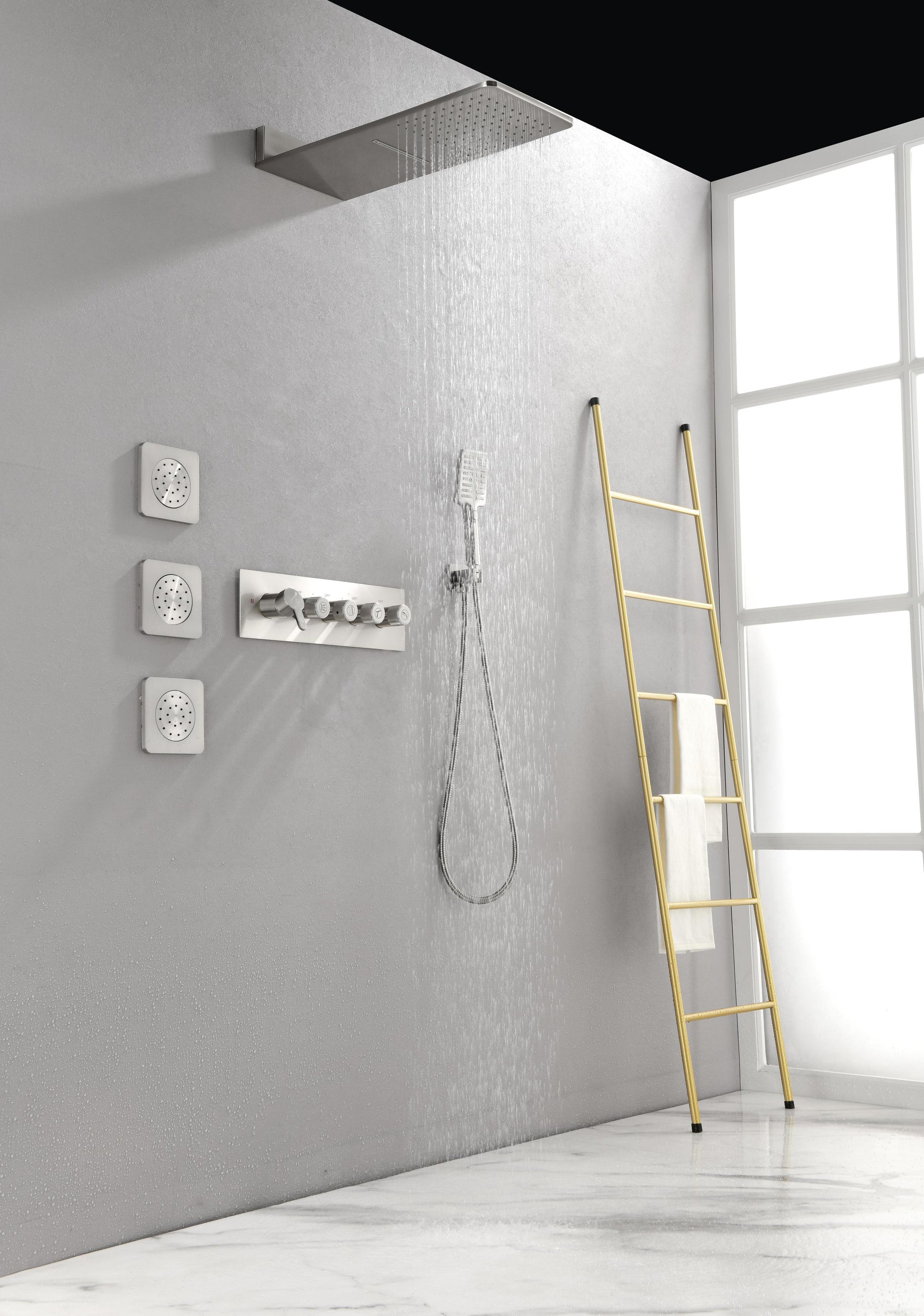 Wall Mounted Waterfall Rain Shower System With 3 Body Sprays & Handheld Shower Brushed Nickel Brass