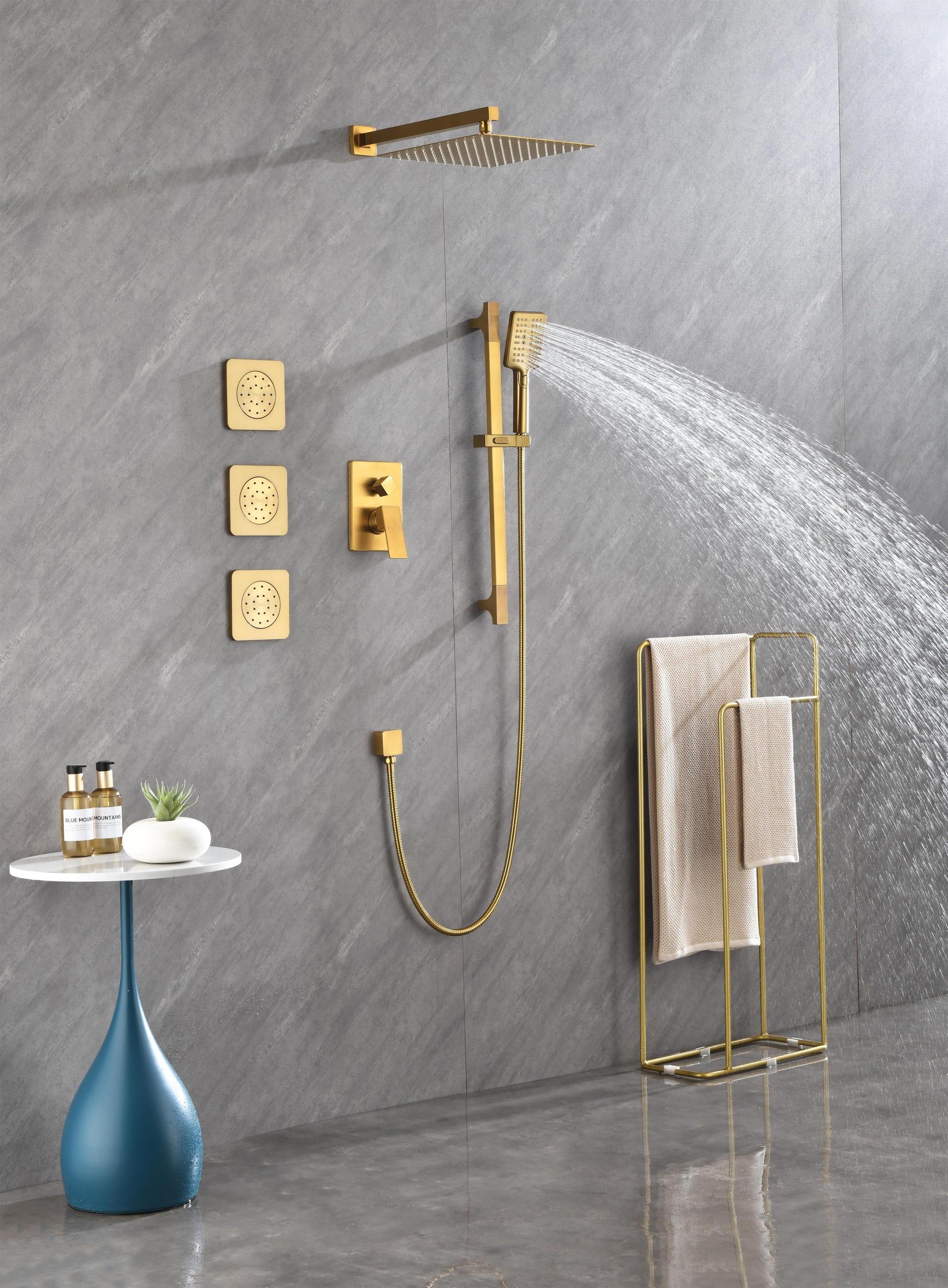 Shower System With Shower Head, Hand Shower, Slide Bar, Bodysprays, Shower Arm, Hose, Valve Trim, And Lever Handles Brushed Gold Brass