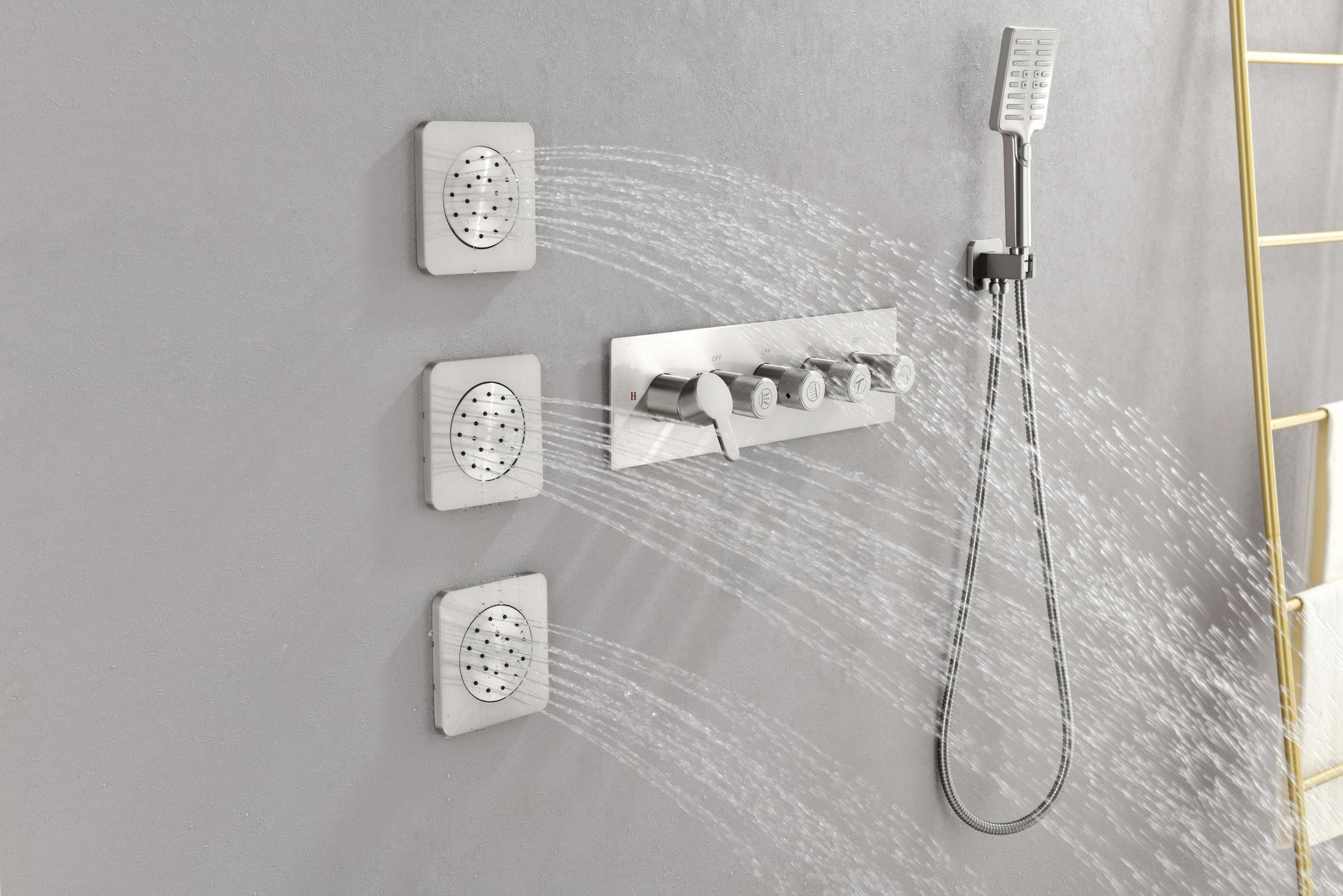 Wall Mounted Waterfall Rain Shower System With 3 Body Sprays & Handheld Shower Brushed Nickel Brass