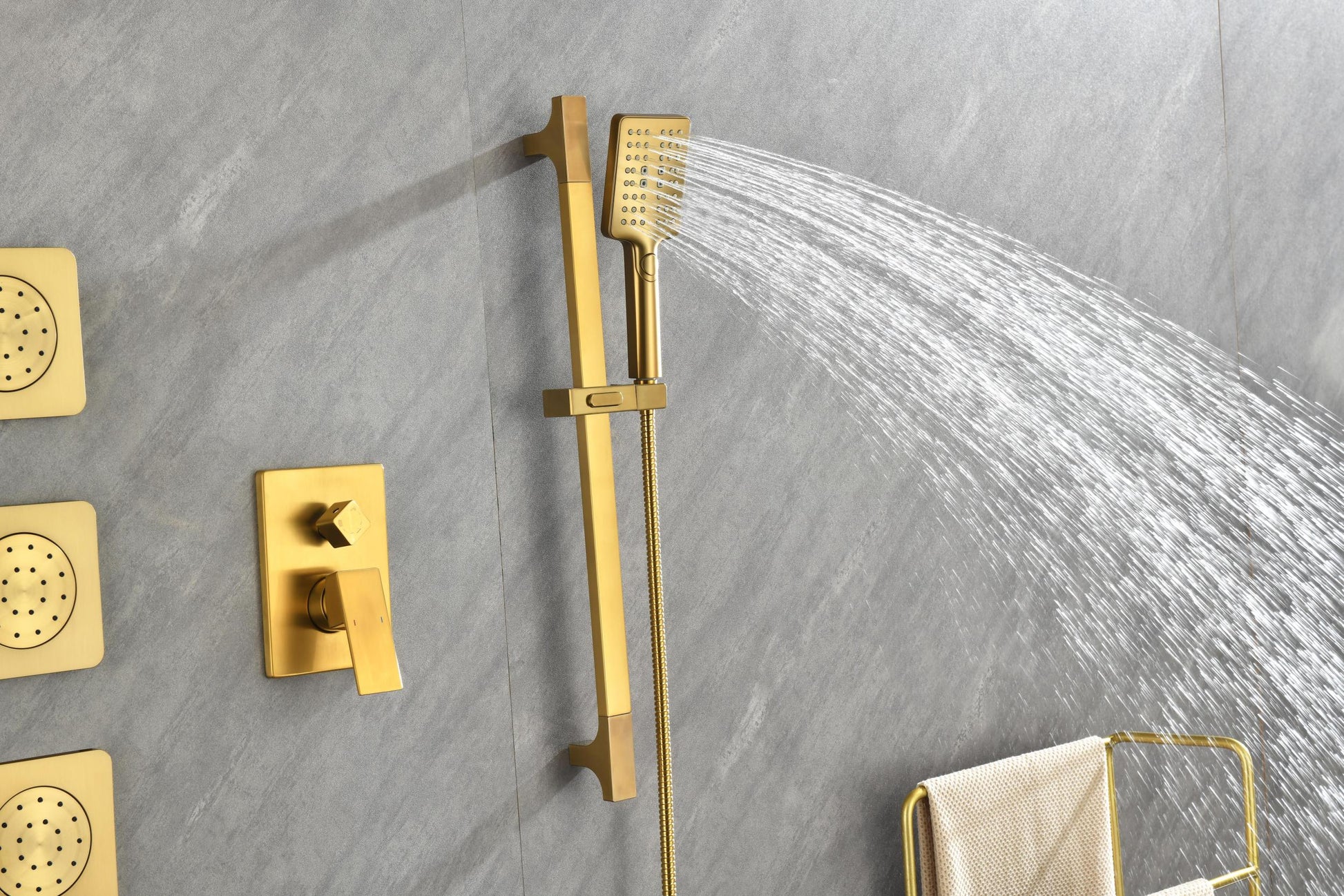 Shower System With Shower Head, Hand Shower, Slide Bar, Bodysprays, Shower Arm, Hose, Valve Trim, And Lever Handles Brushed Gold Brass