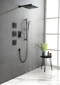 Shower System With Shower Head, Hand Shower, Slide Bar, Bodysprays, Shower Arm, Hose, Valve Trim, And Lever Handles Matte Black Brass