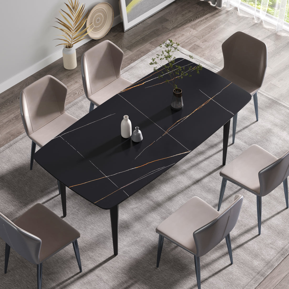 70.87"Modern Artificial Stone Black Curved Black Metal Leg Dining Table Can Accommodate 6 8 People Black Metal Sintered Stone