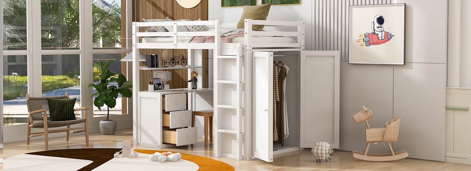 Twin Size Loft Bed With Drawers,Desk,And Wardrobe White White Solid Wood