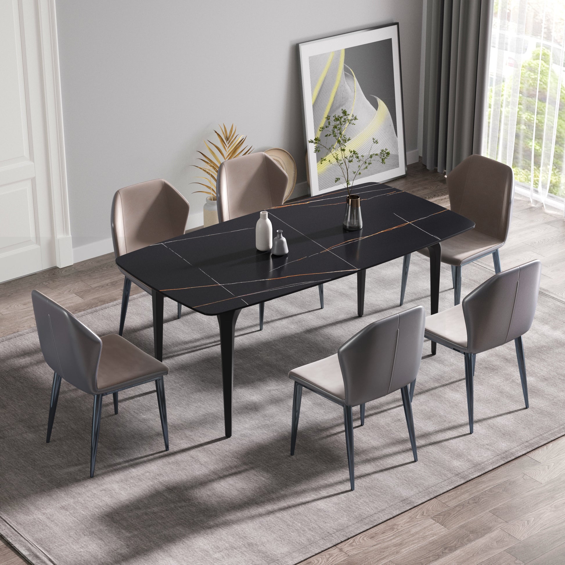 70.87"Modern Artificial Stone Black Curved Black Metal Leg Dining Table Can Accommodate 6 8 People Black Metal Sintered Stone