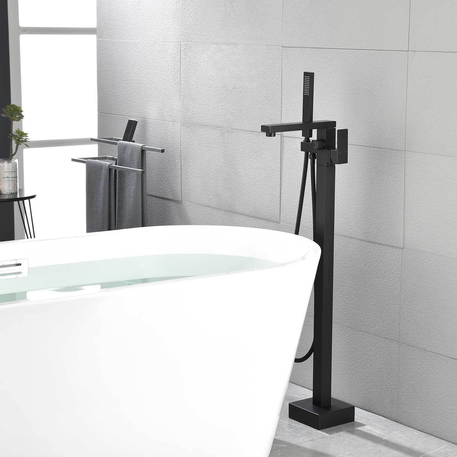 Freestanding Bathtub Faucet Tub Filler Matte Black Floor Mount Bathroom Faucets Brass Single Handle With Hand Shower Matte Black Stainless Steel