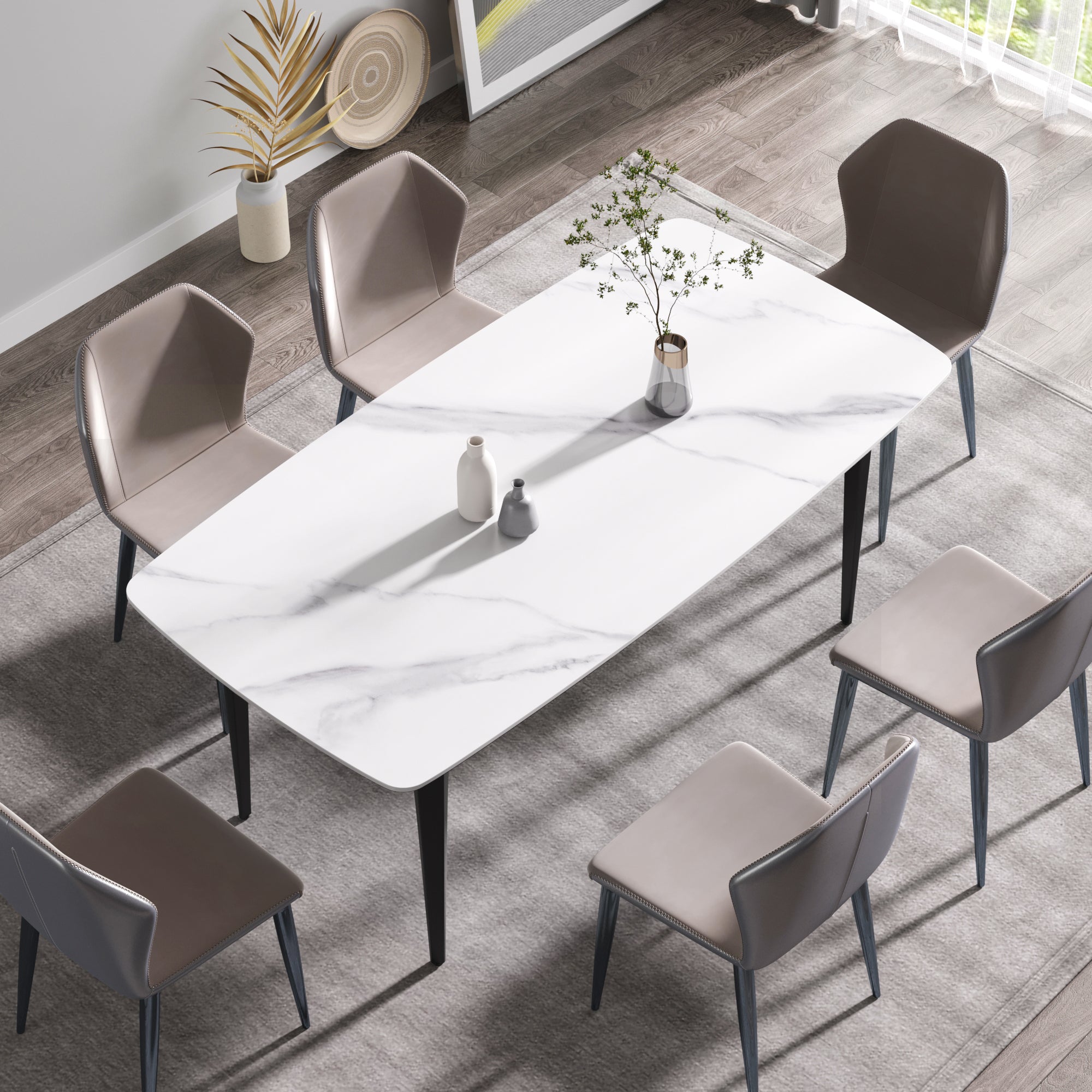 70.87"Modern Artificial Stone White Curved Black Metal Leg Dining Table Can Accommodate 6 8 People White Metal Sintered Stone