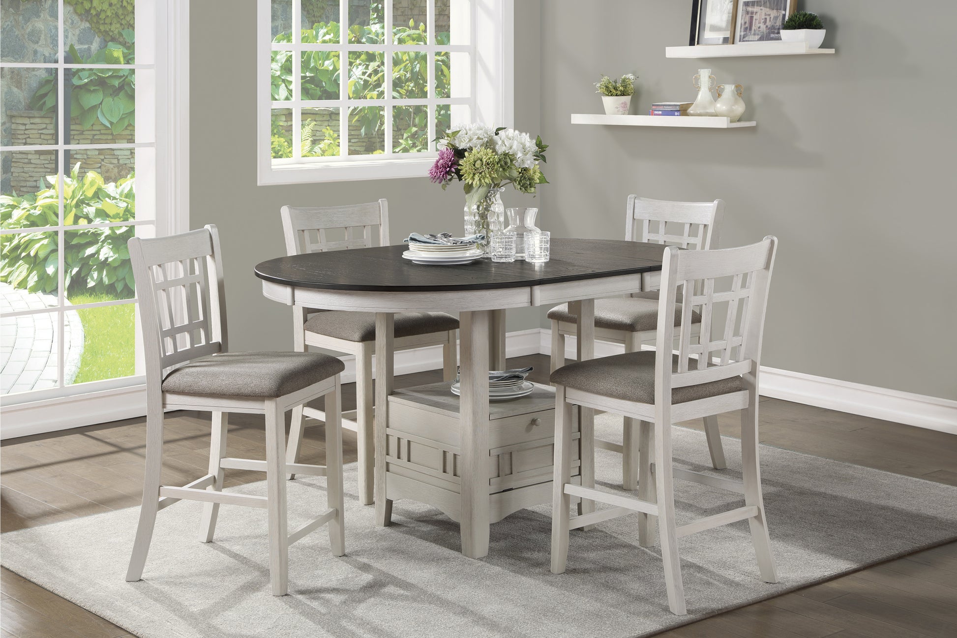 Antique White And Rosy Brown Finish Counter Height 1Pc Dining Table W Extension Leaf And Storage Base Traditional Design Dining Room Furniture Antique White Dining Room Casual,Transitional Solid Wood