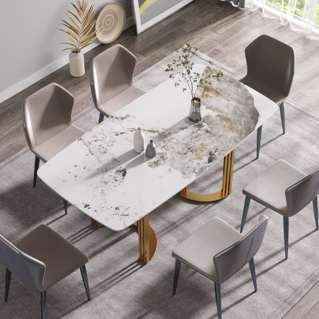 70.87"Modern Artificial Stone Pandora White Curved Golden Metal Leg Dining Table Can Accommodate 6 8 People Antique White Metal Sintered Stone