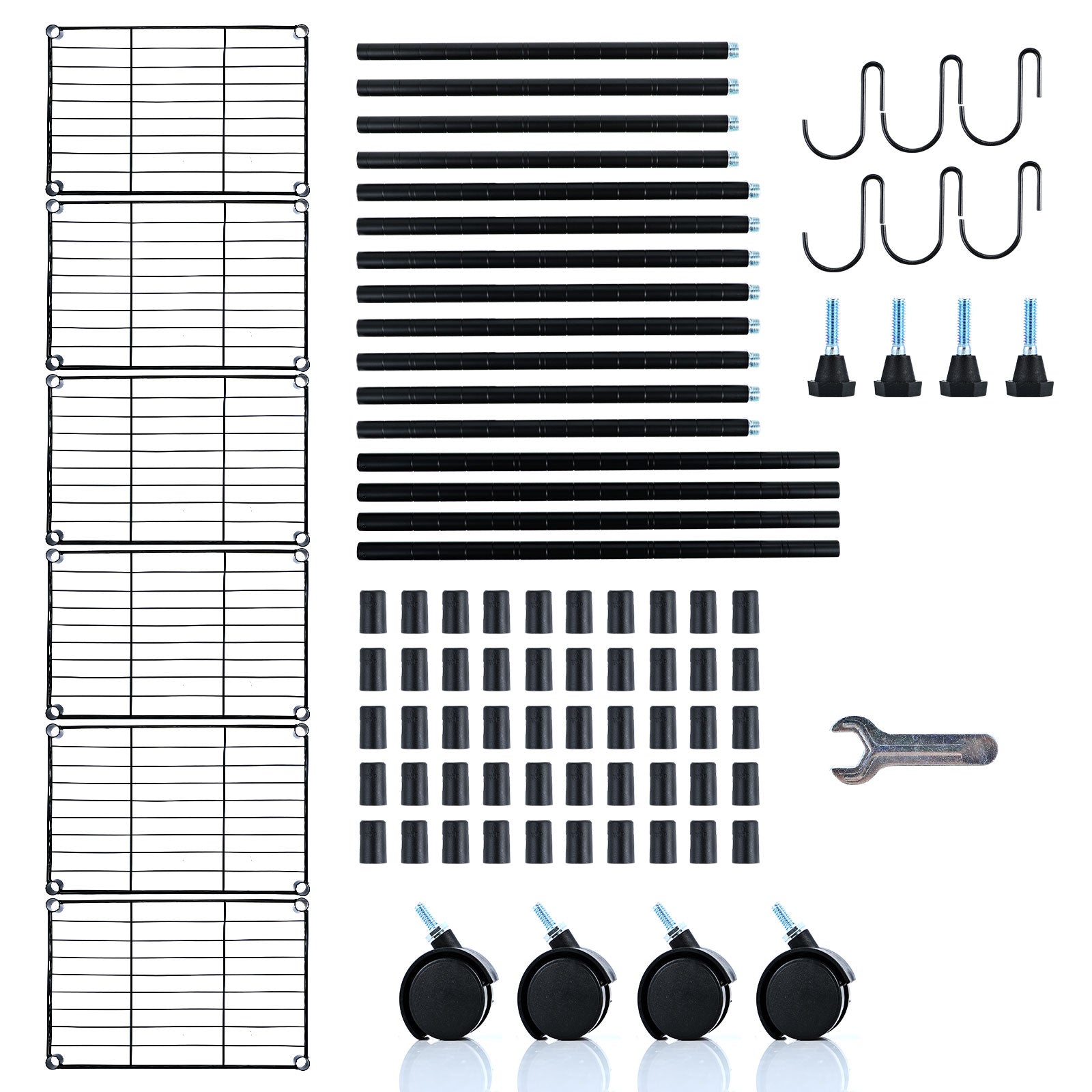 Yssoa Heavy Duty 6 Shelf Shelving With Wheels, With Hanging Hooks, Wire Shelving, Adjustable Storage Units, 17'' D X 11'' W X 63'' H, 6 Tier, Black Black Aluminum