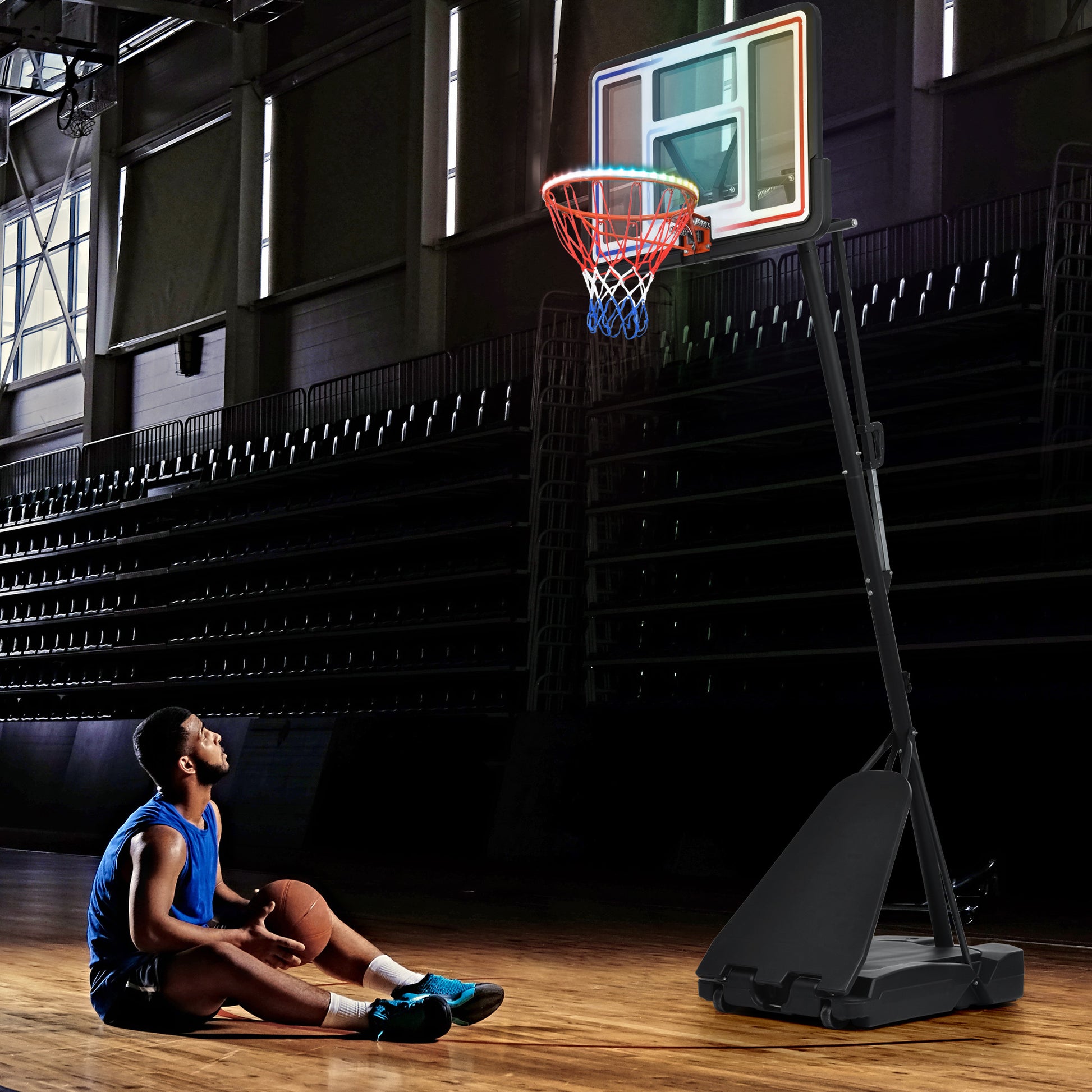 Portable Basketball Hoop Basketball System 8 10Ft Height Adjustable For Youth Adults Led Basketball Hoop Lights, Colorful Lights, Waterproof,Super Bright To Play At Night Outdoors,Good Gift For Kids Black Metal