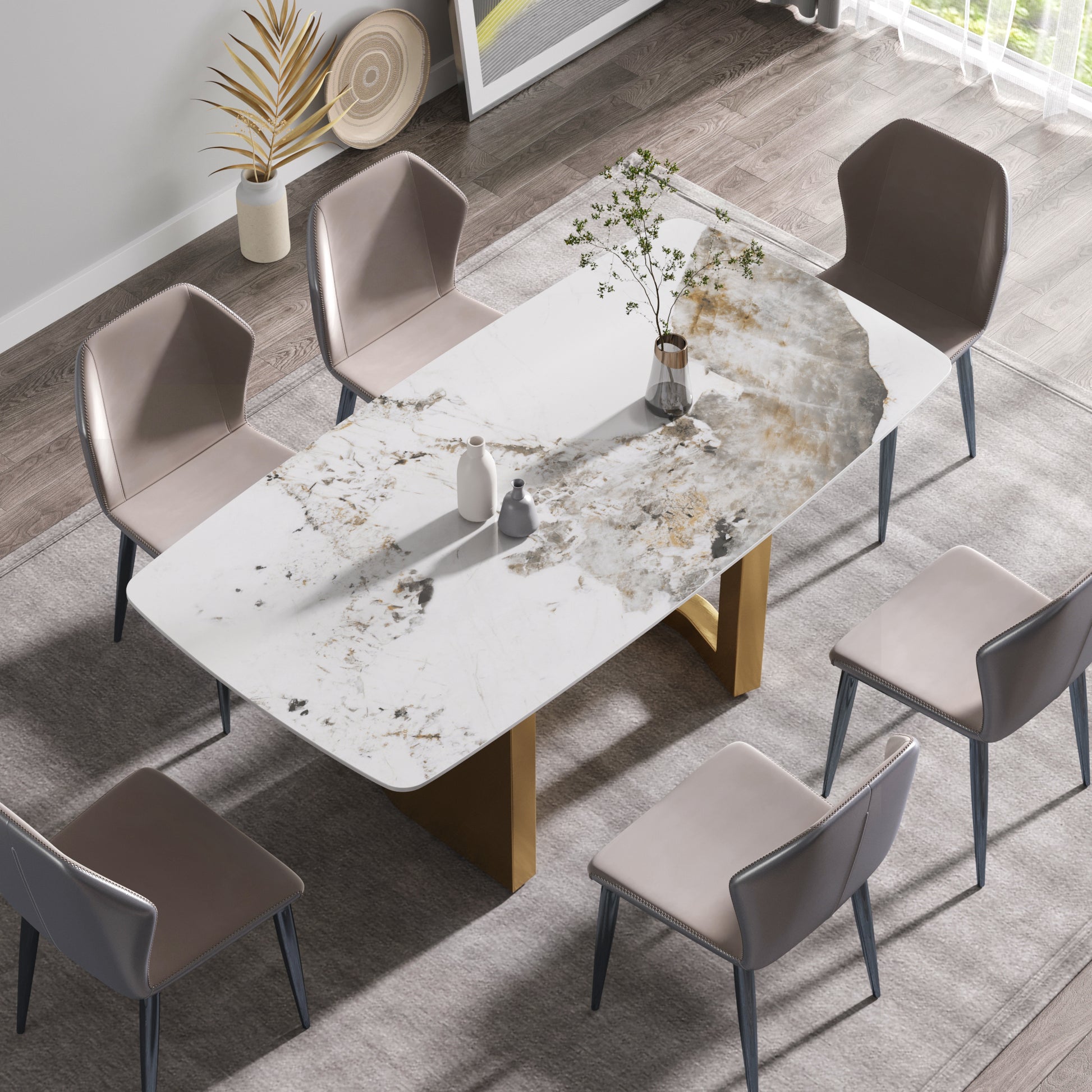 70.87"Modern Artificial Stone Pandora White Curved Golden Metal Leg Dining Table Can Accommodate 6 8 People Antique White Metal Sintered Stone