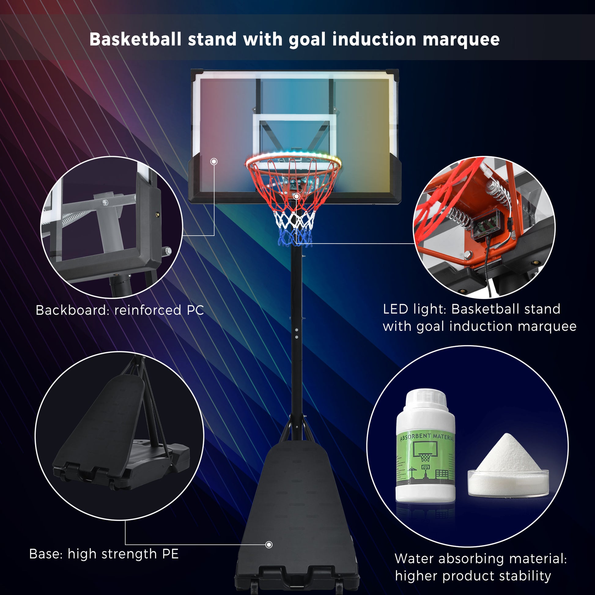 Portable Basketball Hoop Basketball System 8 10Ft Height Adjustable For Youth Adults Led Basketball Hoop Lights, Colorful Lights, Waterproof,Super Bright To Play At Night Outdoors,Good Gift For Kids Black Metal