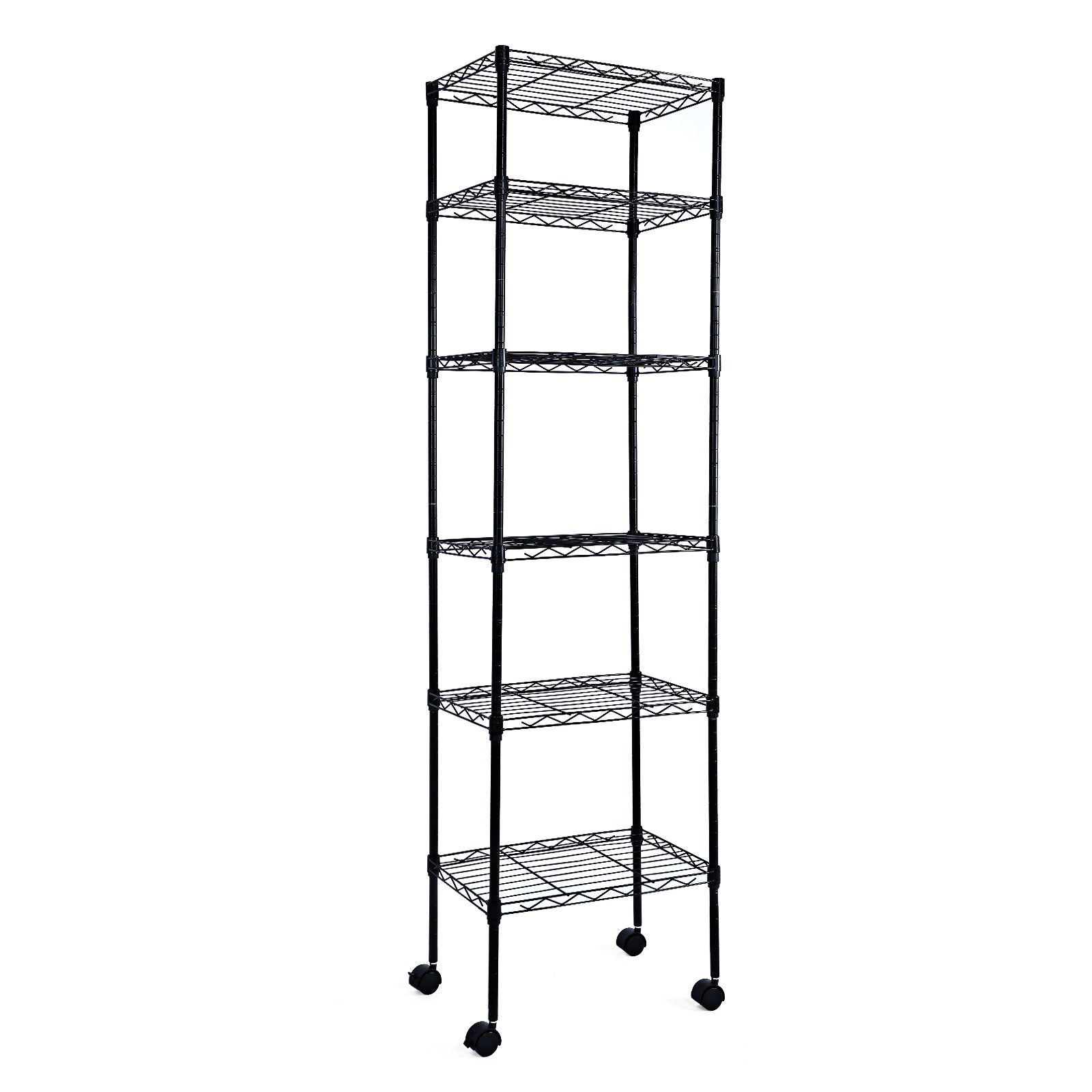 Yssoa Heavy Duty 6 Shelf Shelving With Wheels, With Hanging Hooks, Wire Shelving, Adjustable Storage Units, 17'' D X 11'' W X 63'' H, 6 Tier, Black Black Aluminum