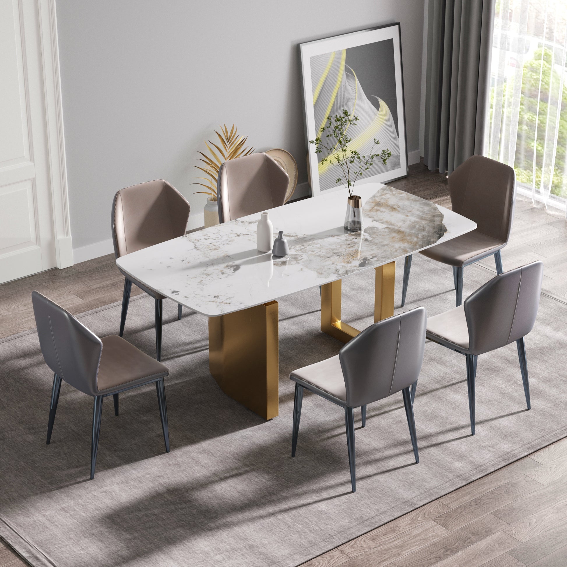 70.87"Modern Artificial Stone Pandora White Curved Golden Metal Leg Dining Table Can Accommodate 6 8 People Antique White Metal Sintered Stone