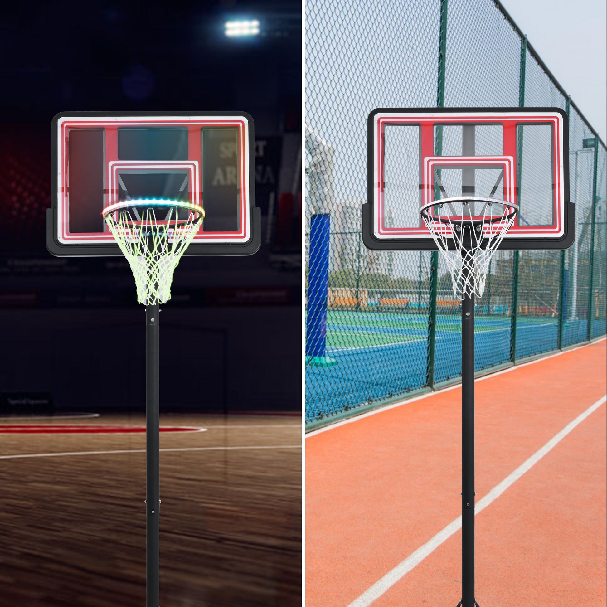 Portable Basketball Hoop Basketball System 4.76 10Ft Height Adjustable For Youth Adults Led Ights, Colorful Lights, Waterproof Super Bright To Play At Night Outdoors,Good Gift For Kid Black Metal