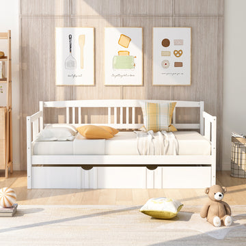 Twin Size Daybed Wood Bed With Twin Size Trundle,White White Solid Wood