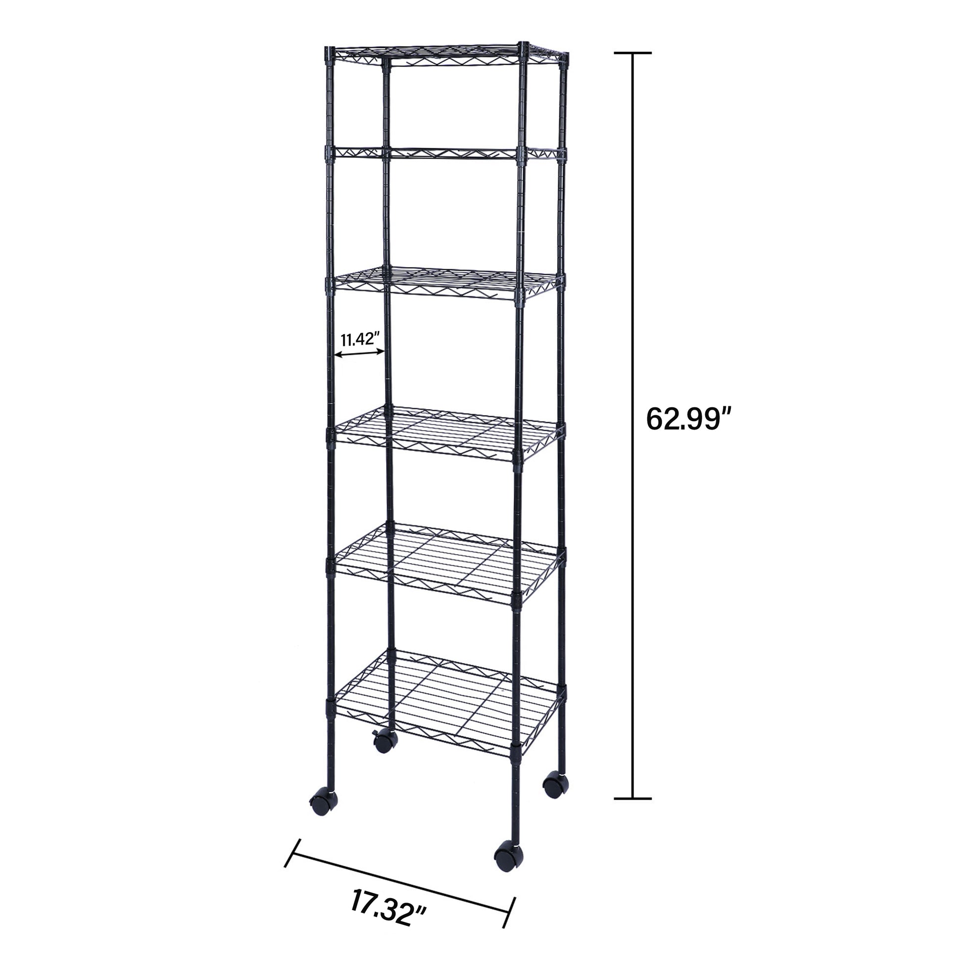 Yssoa Heavy Duty 6 Shelf Shelving With Wheels, With Hanging Hooks, Wire Shelving, Adjustable Storage Units, 17'' D X 11'' W X 63'' H, 6 Tier, Black Black Aluminum