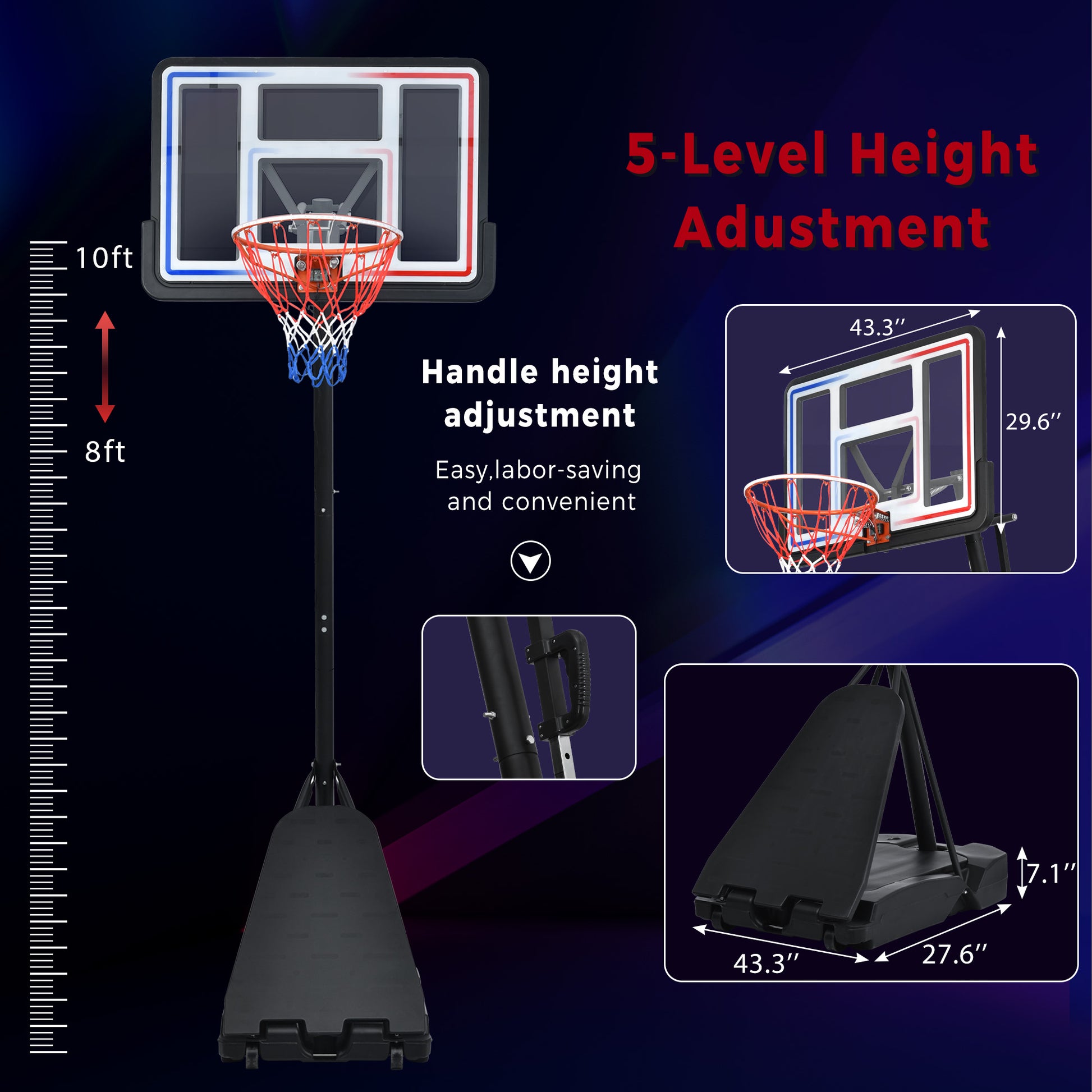 Portable Basketball Hoop Basketball System 8 10Ft Height Adjustable For Youth Adults Led Basketball Hoop Lights, Colorful Lights, Waterproof,Super Bright To Play At Night Outdoors,Good Gift For Kids Black Metal