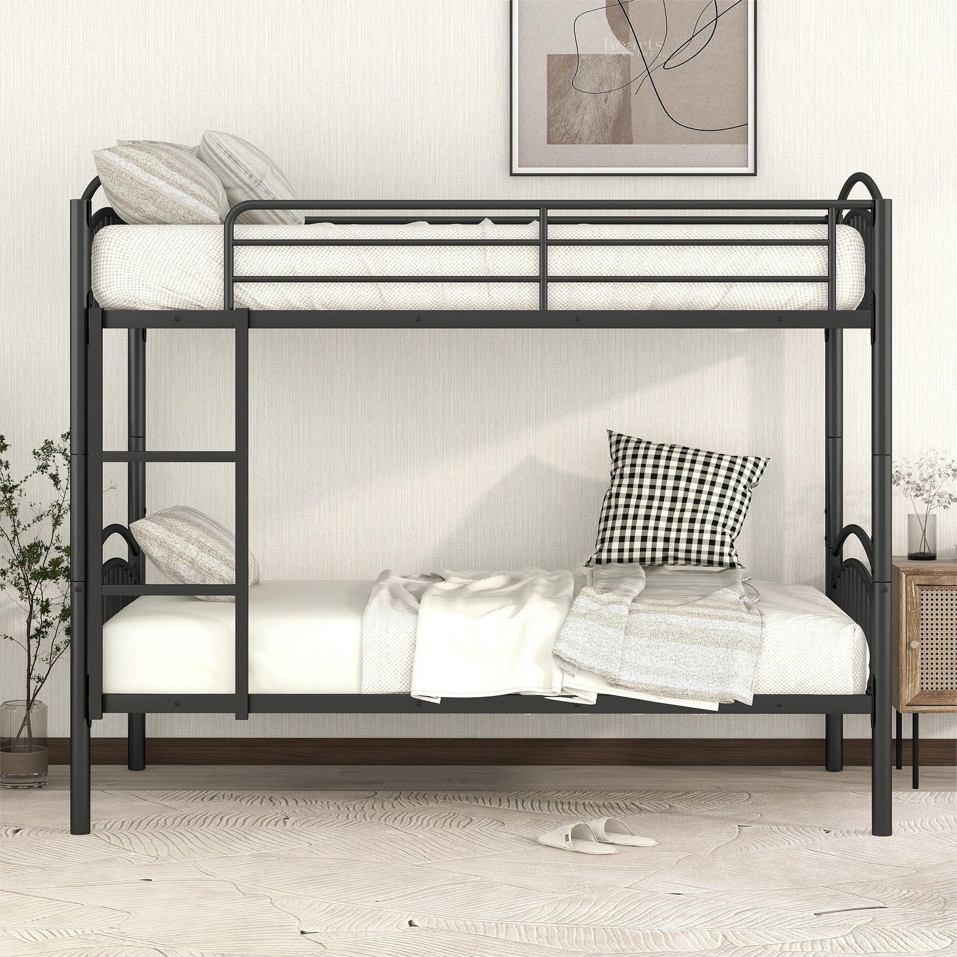 Twin Over Twin Metal Bunk Bed,Divided Into Two Beds Black Old Sku:Mf280424Aab Twin Black Metal