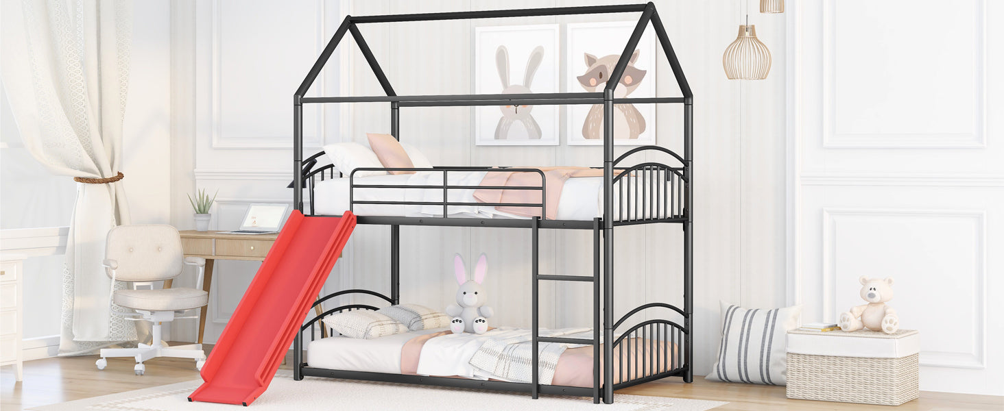 Twin Over Twin Metal Bunk Bed With Slide,Kids House Bed Black Red Twin Black Metal