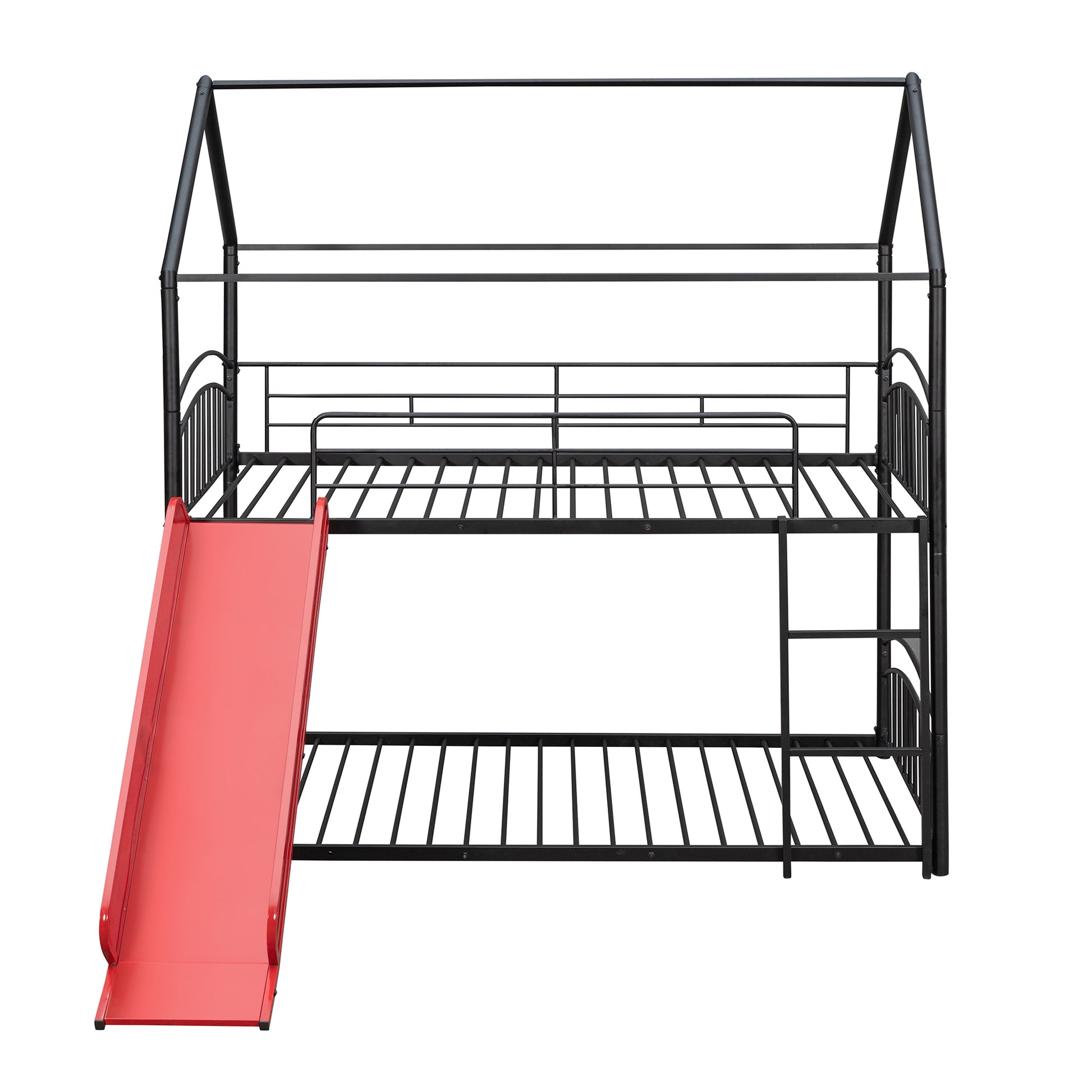 Twin Over Twin Metal Bunk Bed With Slide,Kids House Bed Black Red Twin Black Metal