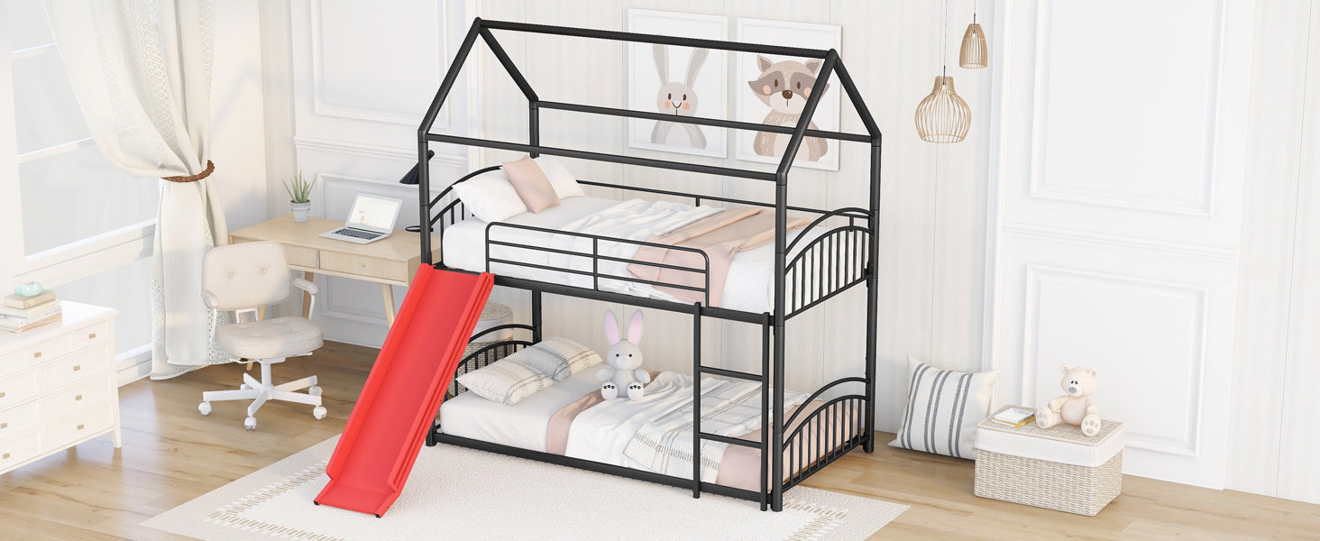 Twin Over Twin Metal Bunk Bed With Slide,Kids House Bed Black Red Twin Black Metal