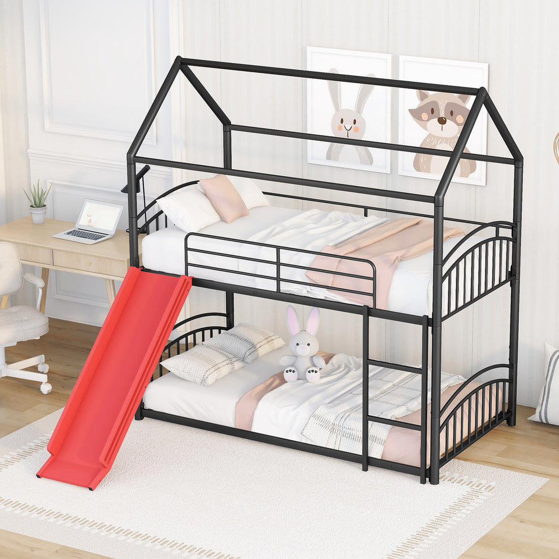 Twin Over Twin Metal Bunk Bed With Slide,Kids House Bed Black Red Twin Black Metal