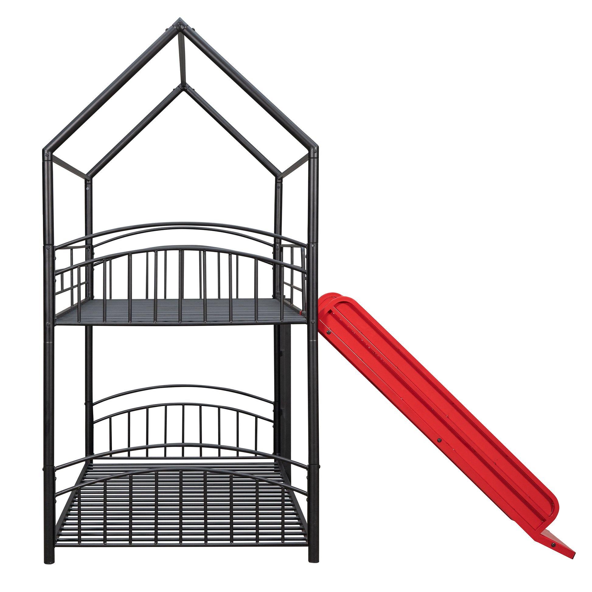 Twin Over Twin Metal Bunk Bed With Slide,Kids House Bed Black Red Twin Black Metal