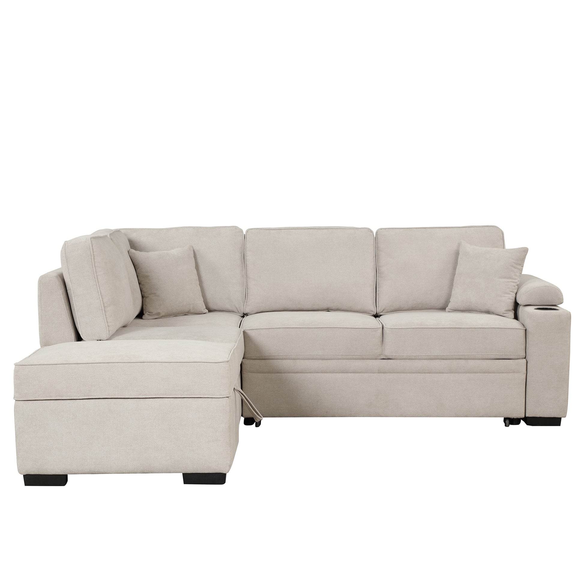 84.75" Sleeper Sofa Bed,2 In 1 Pull Out Sofa Bed L Shape Couch With Storage Ottoman For Living Room,Bedroom Couch And Small Apartment, Beige Beige Foam Linen 4 Seat