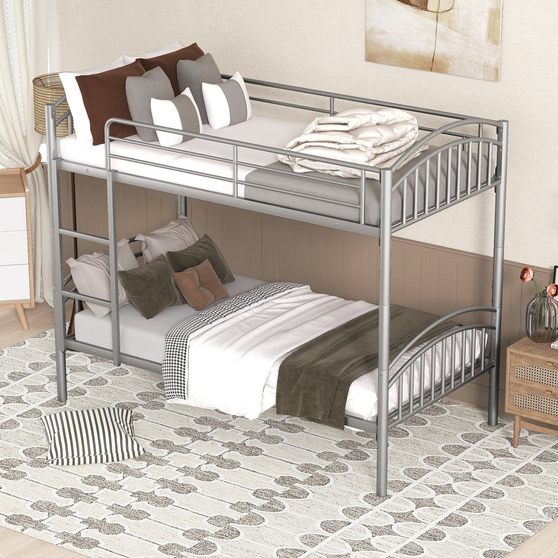 Twin Over Twin Metal Bunk Bed,Divided Into Two Beds Silver Old Sku:Mf280424Aan Twin Silver Metal