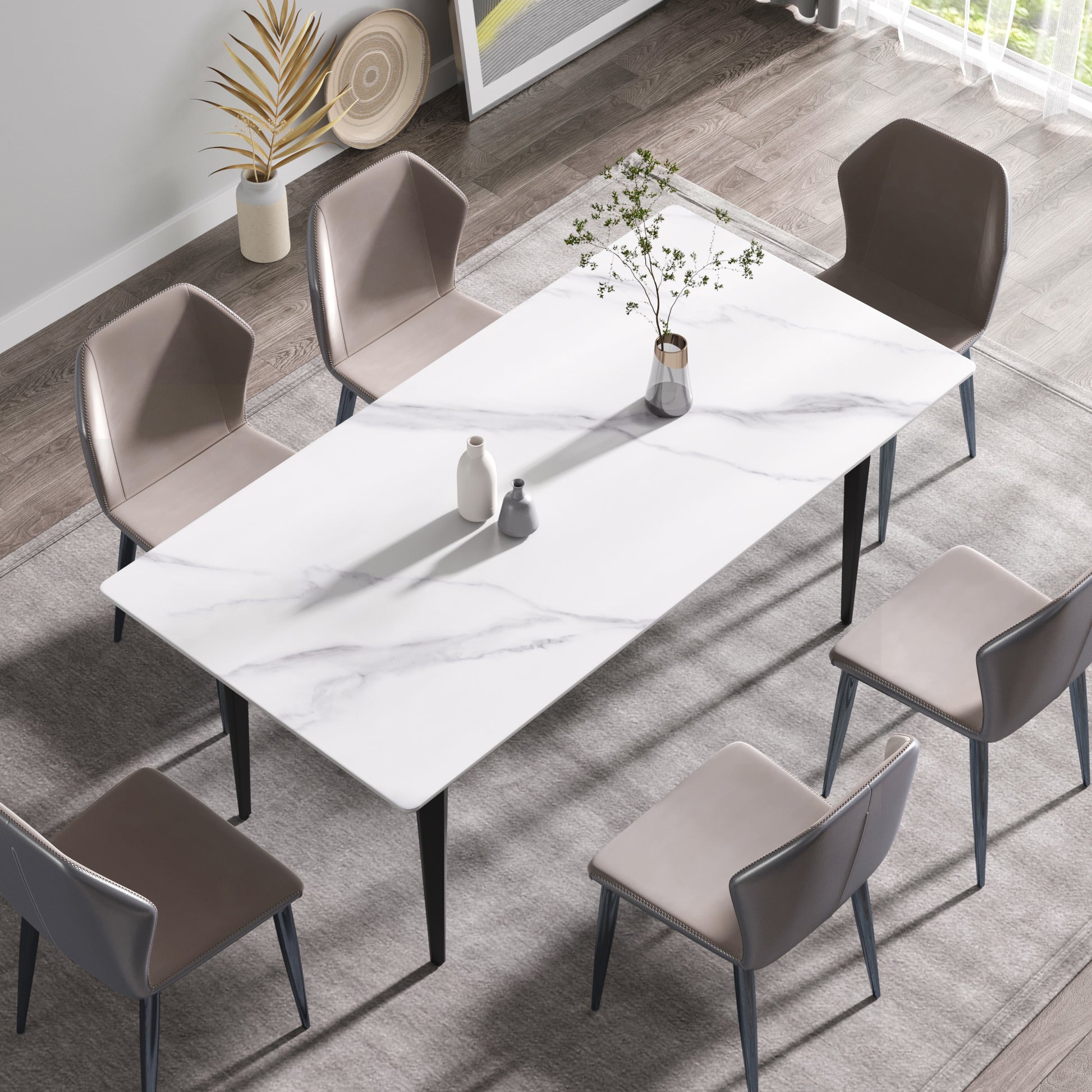 70.87" Modern Artificial Stone White Straight Edge Black Metal Leg Dining Table Can Accommodate 6 8 People White Metal Sintered Stone