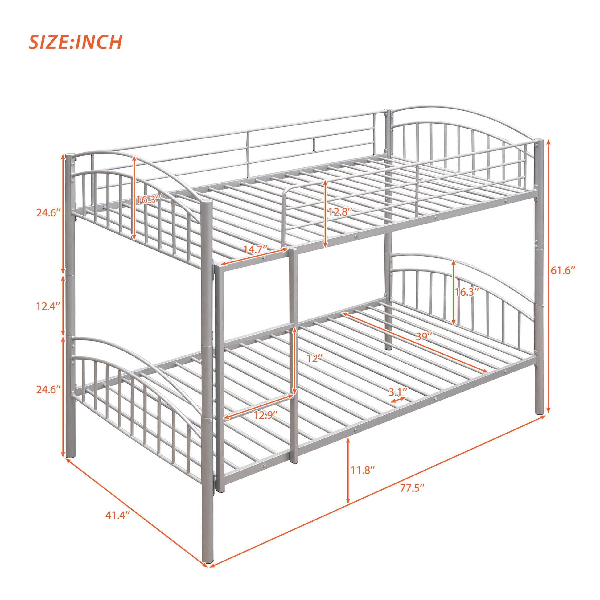 Twin Over Twin Metal Bunk Bed,Divided Into Two Beds Silver Old Sku:Mf280424Aan Twin Silver Metal