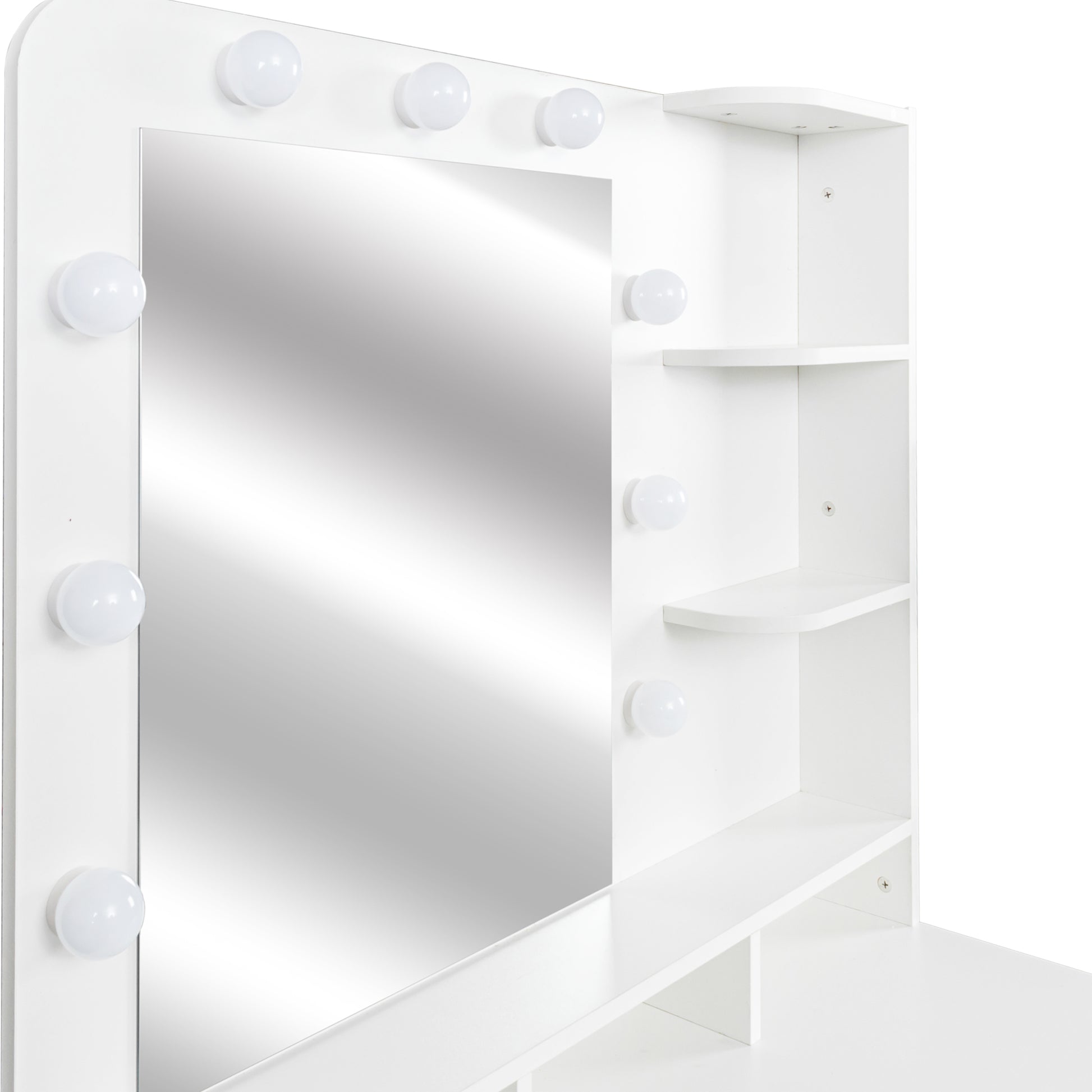 White Modern Simple Vanity With Stool, Solid Metal Frame Construction, 9 Led Lights Illuminate Makeup Mirror, Adjustable Brightness White Particle Board Mdf