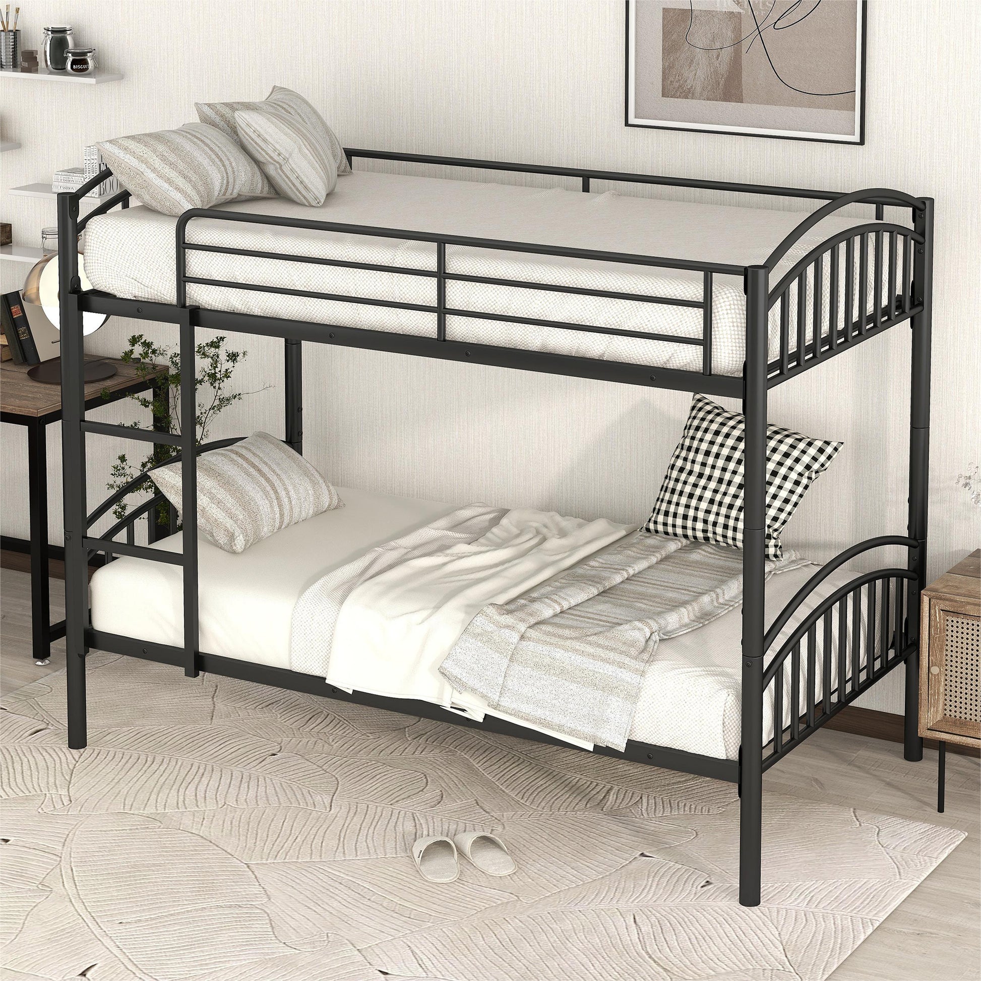 Twin Over Twin Metal Bunk Bed,Divided Into Two Beds Black Old Sku:Mf280424Aab Twin Black Metal