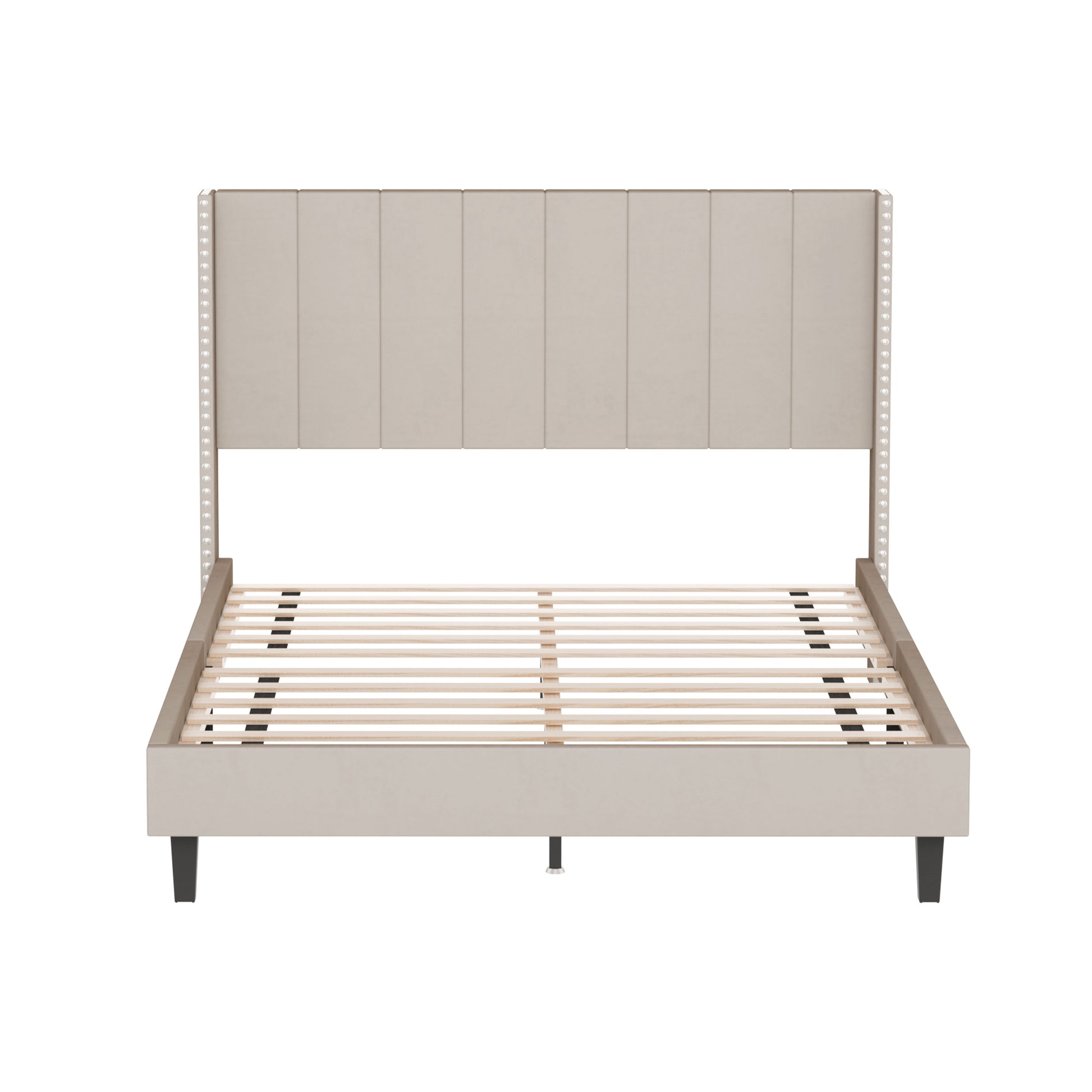 Queen Bed Frame Velvet Upholstered Bed Frame With Vertical Channel Tufted Headboard Beige Beige Solid Wood